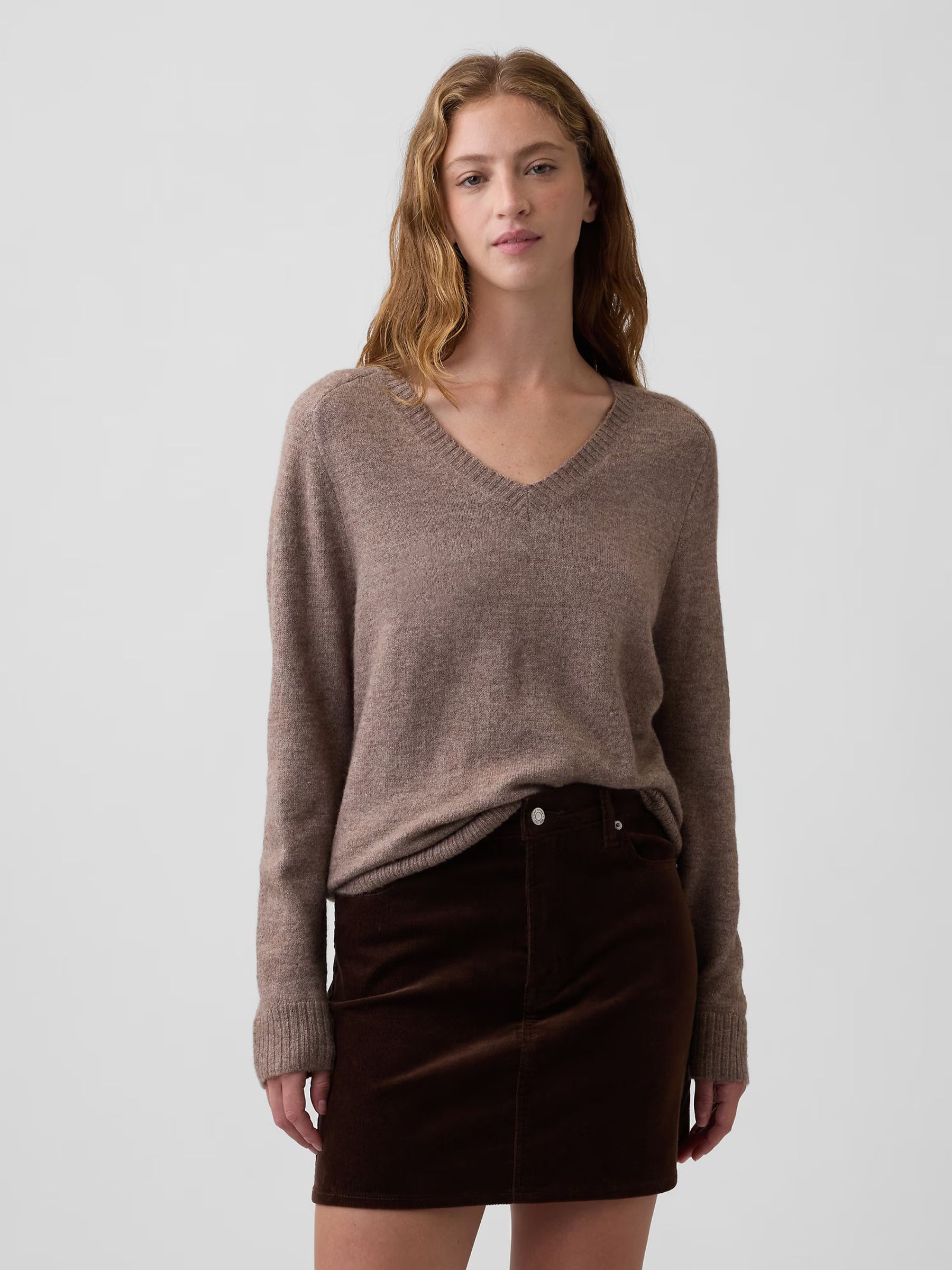 Brown Relaxed Lightweight V-Neck Jumper - Image 1 of 5