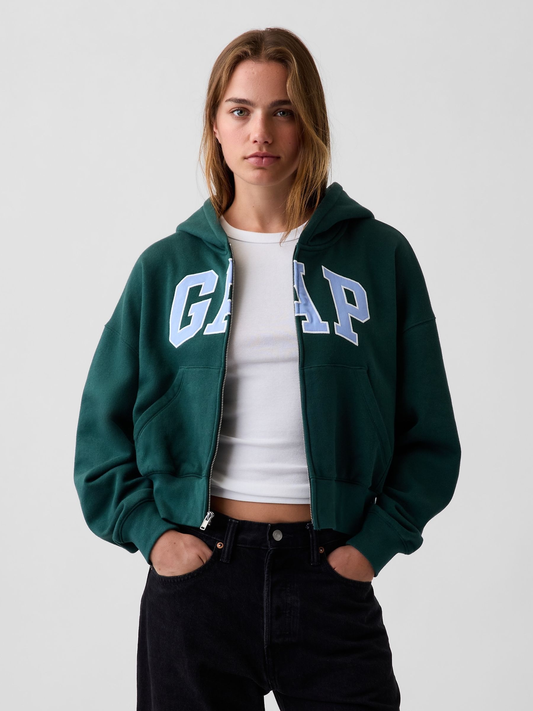 Green Vintage Soft Oversized Logo Zip-Up Hoodie - Image 1 of 4