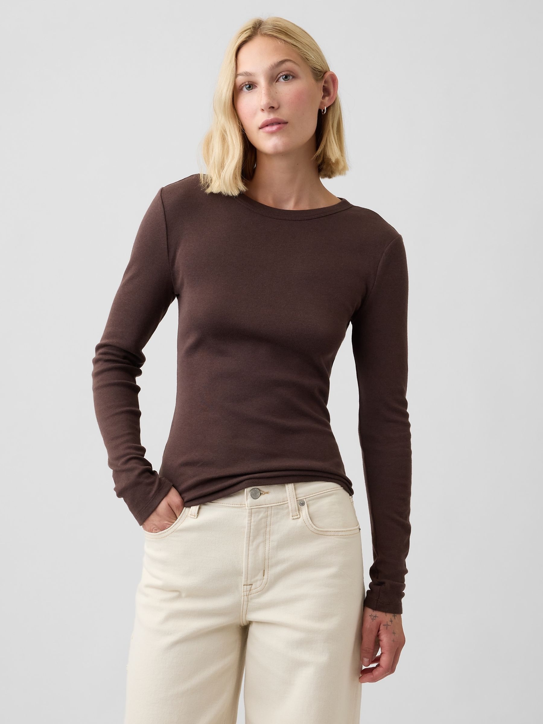 Brown Modern Ribbed Long Sleeve T-Shirt - Image 1 of 5