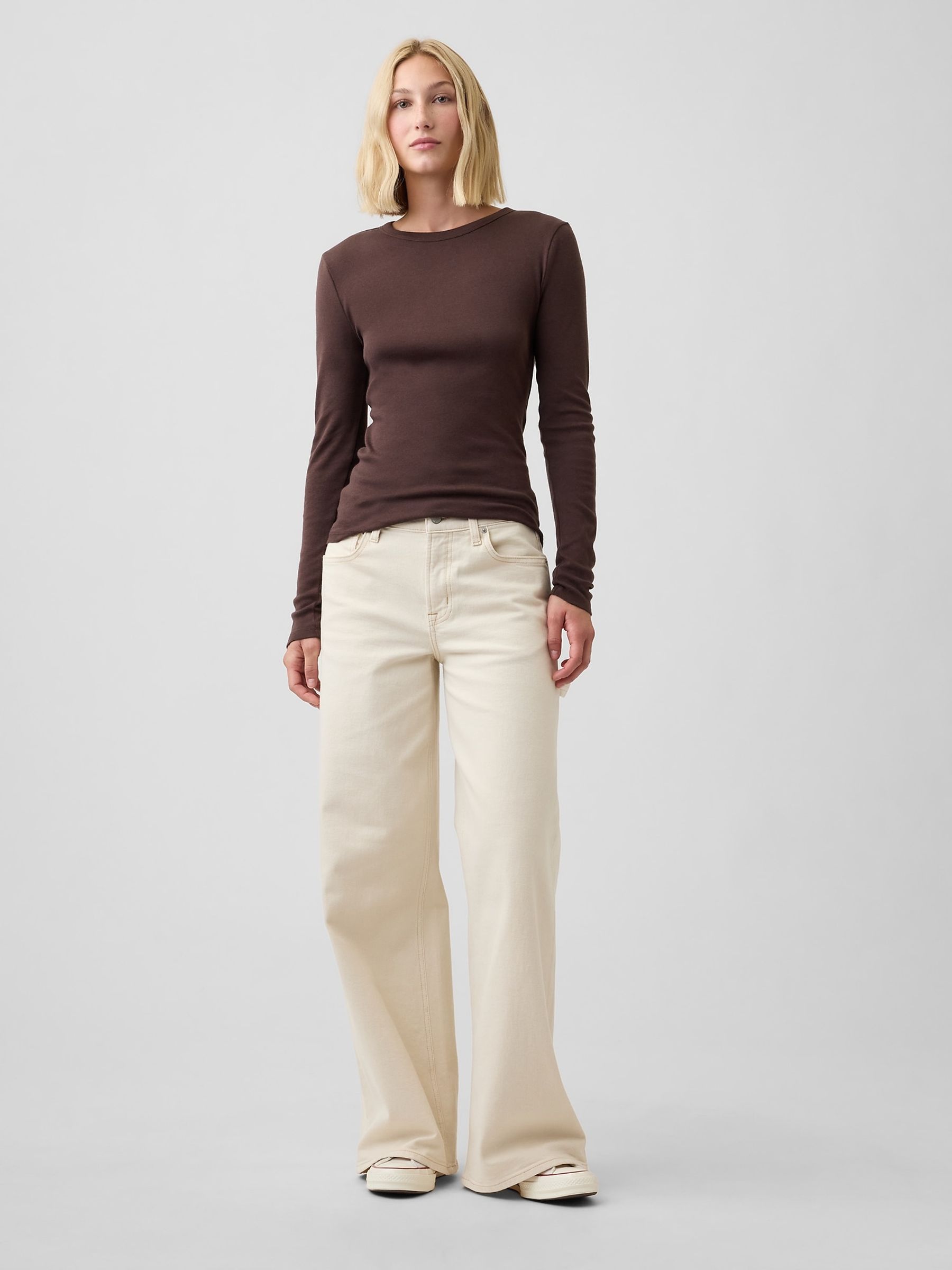Brown Modern Ribbed Long Sleeve T-Shirt - Image 3 of 5