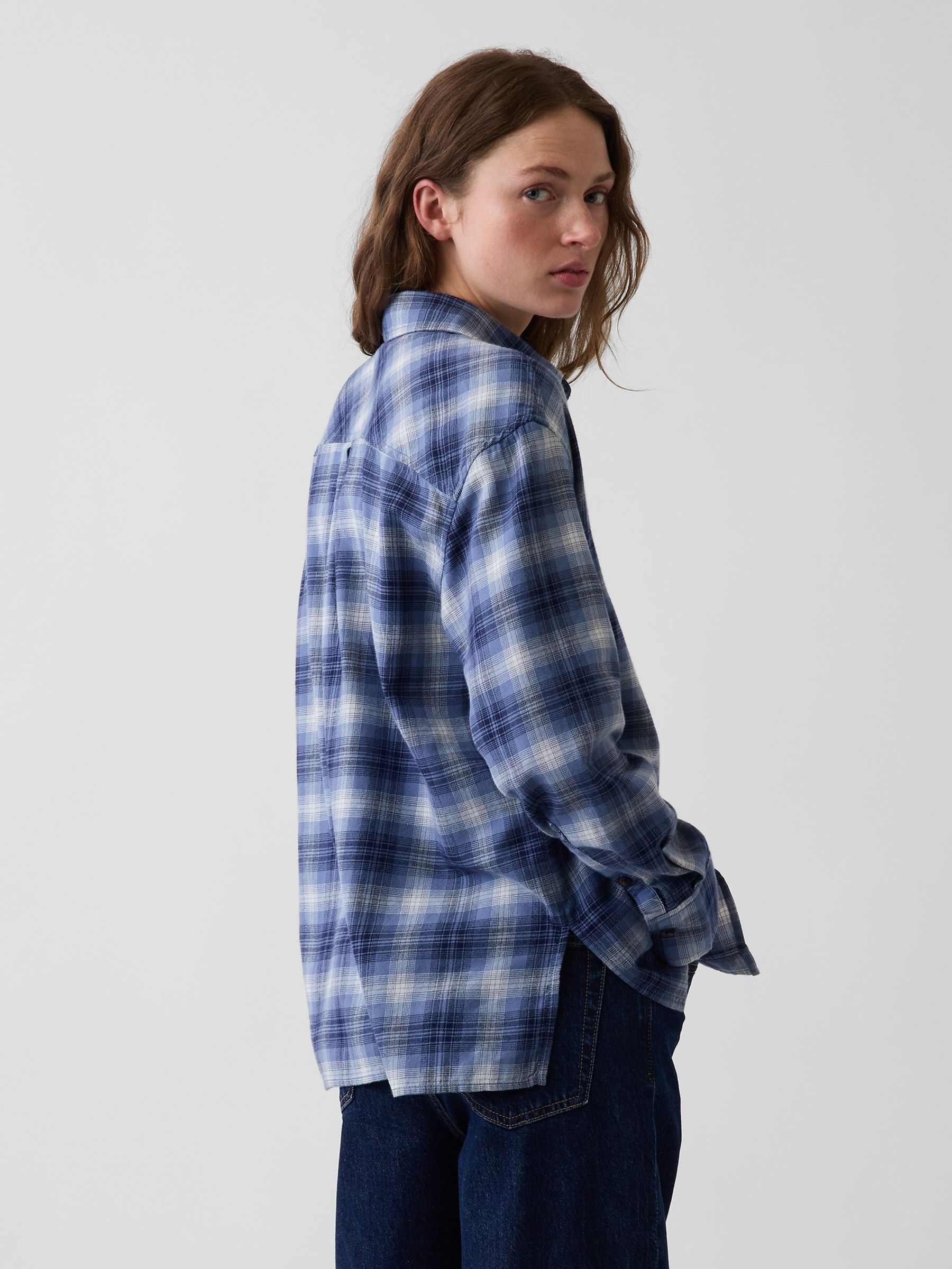 Blue Check Oversized Straight-Hem Flannel Shirt - Image 2 of 5