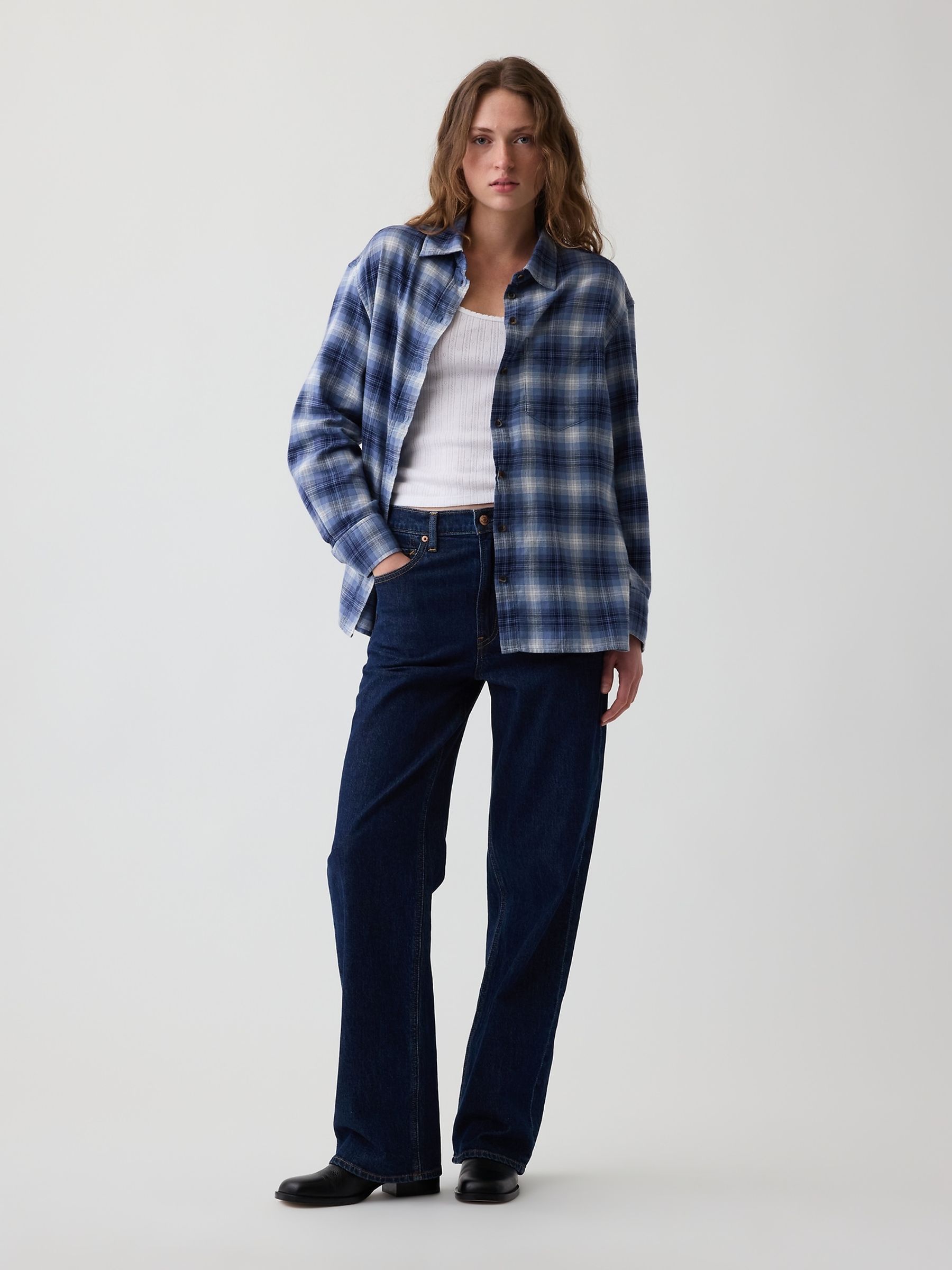 Blue Check Oversized Straight-Hem Flannel Shirt - Image 3 of 5