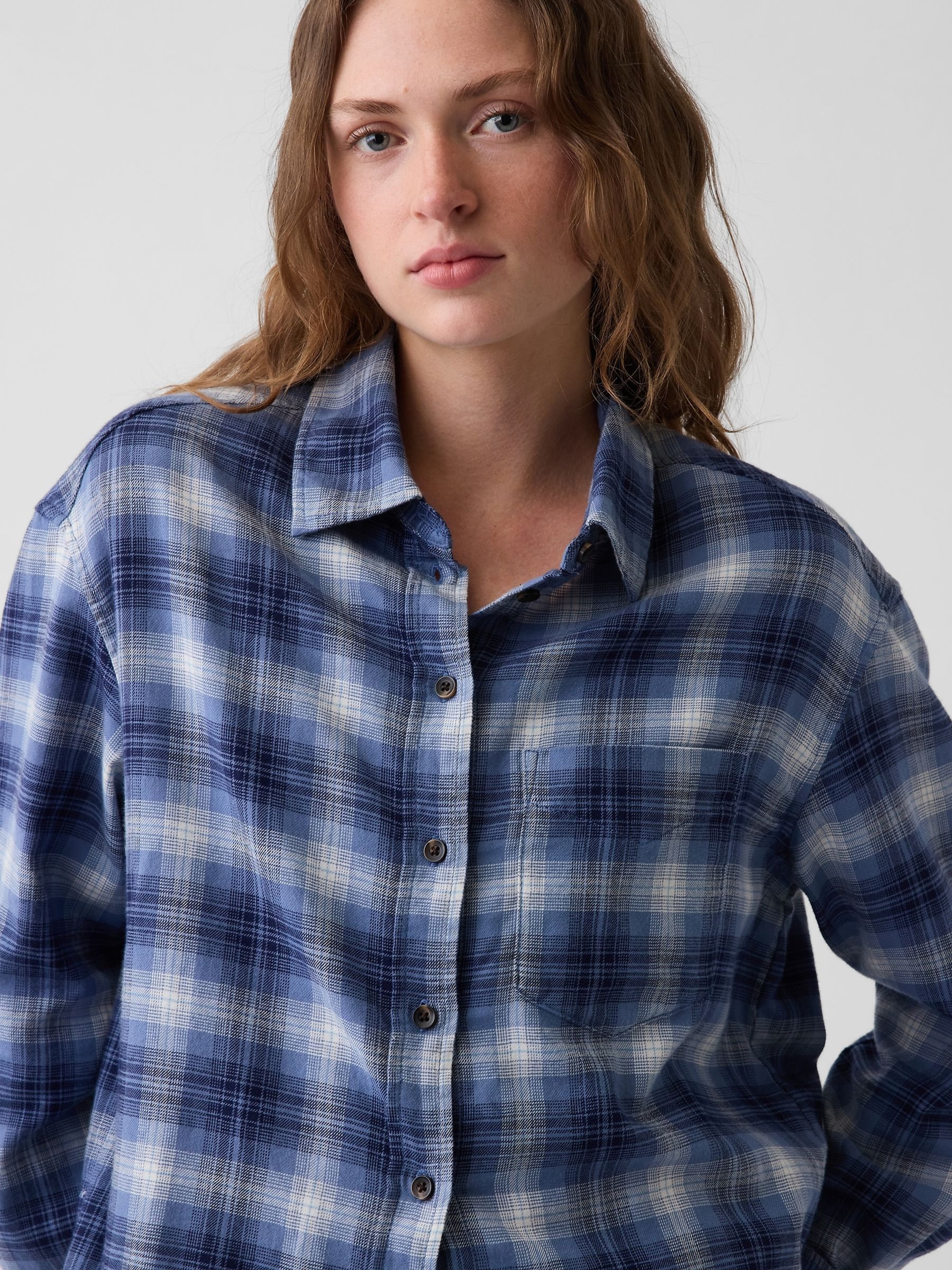 Blue Check Oversized Straight-Hem Flannel Shirt - Image 4 of 5