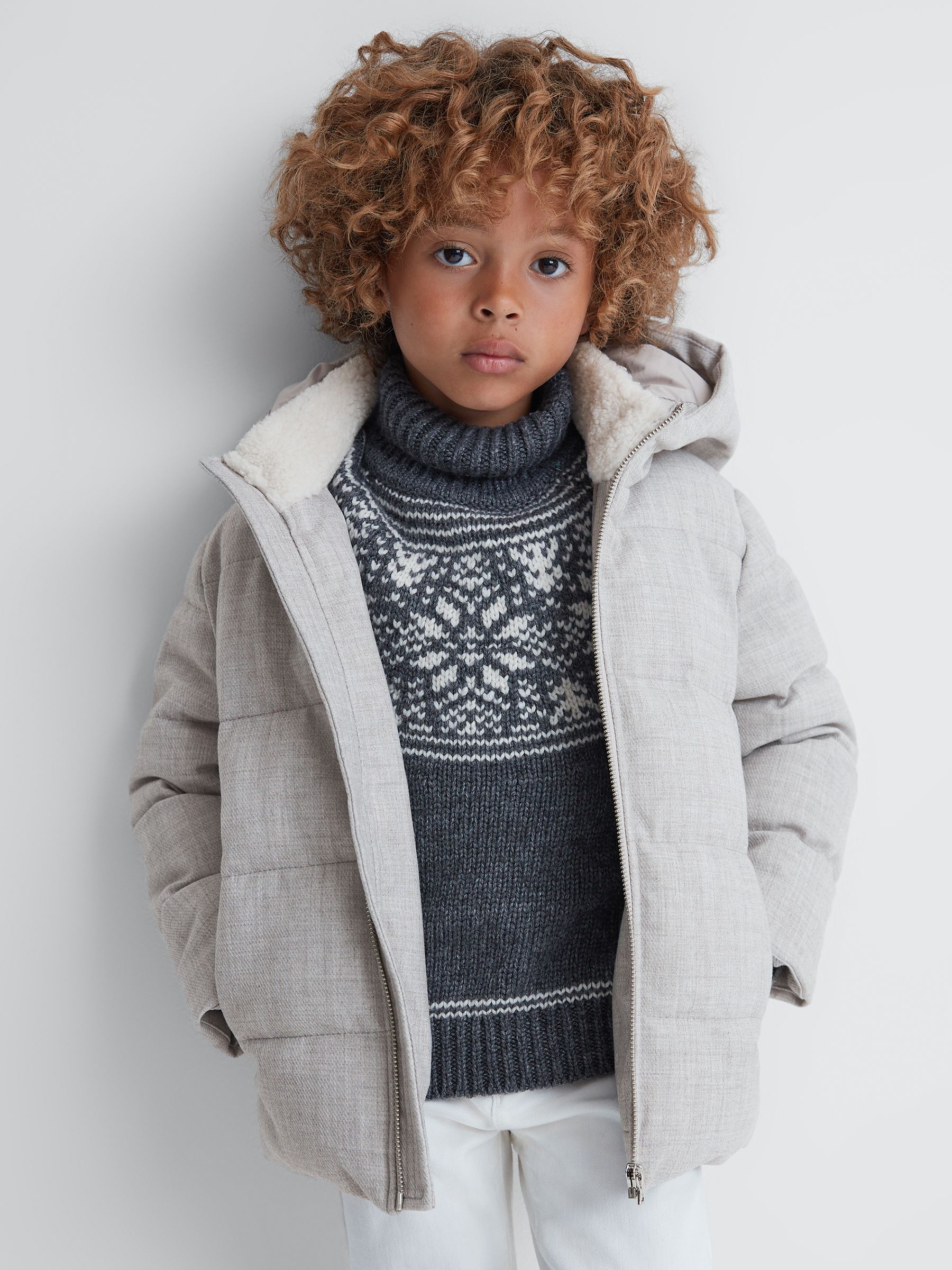Junior Water Repellent Quilted Hooded Coat in Soft Grey - Image 1 of 6