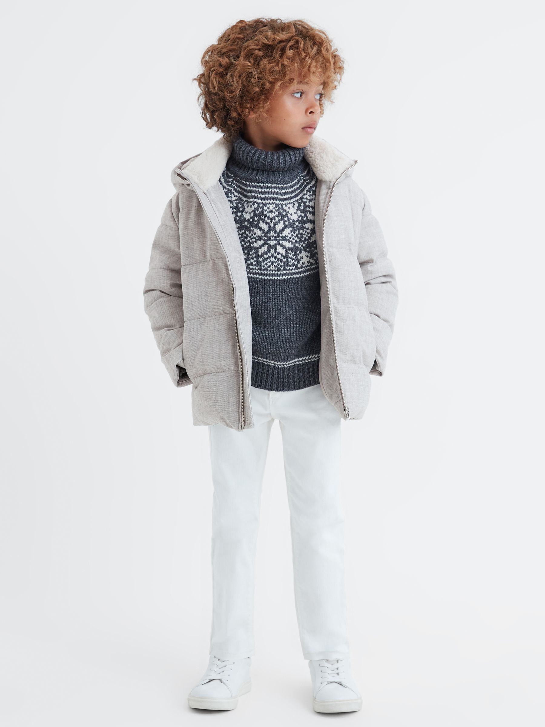 Junior Water Repellent Quilted Hooded Coat in Soft Grey - Image 3 of 6