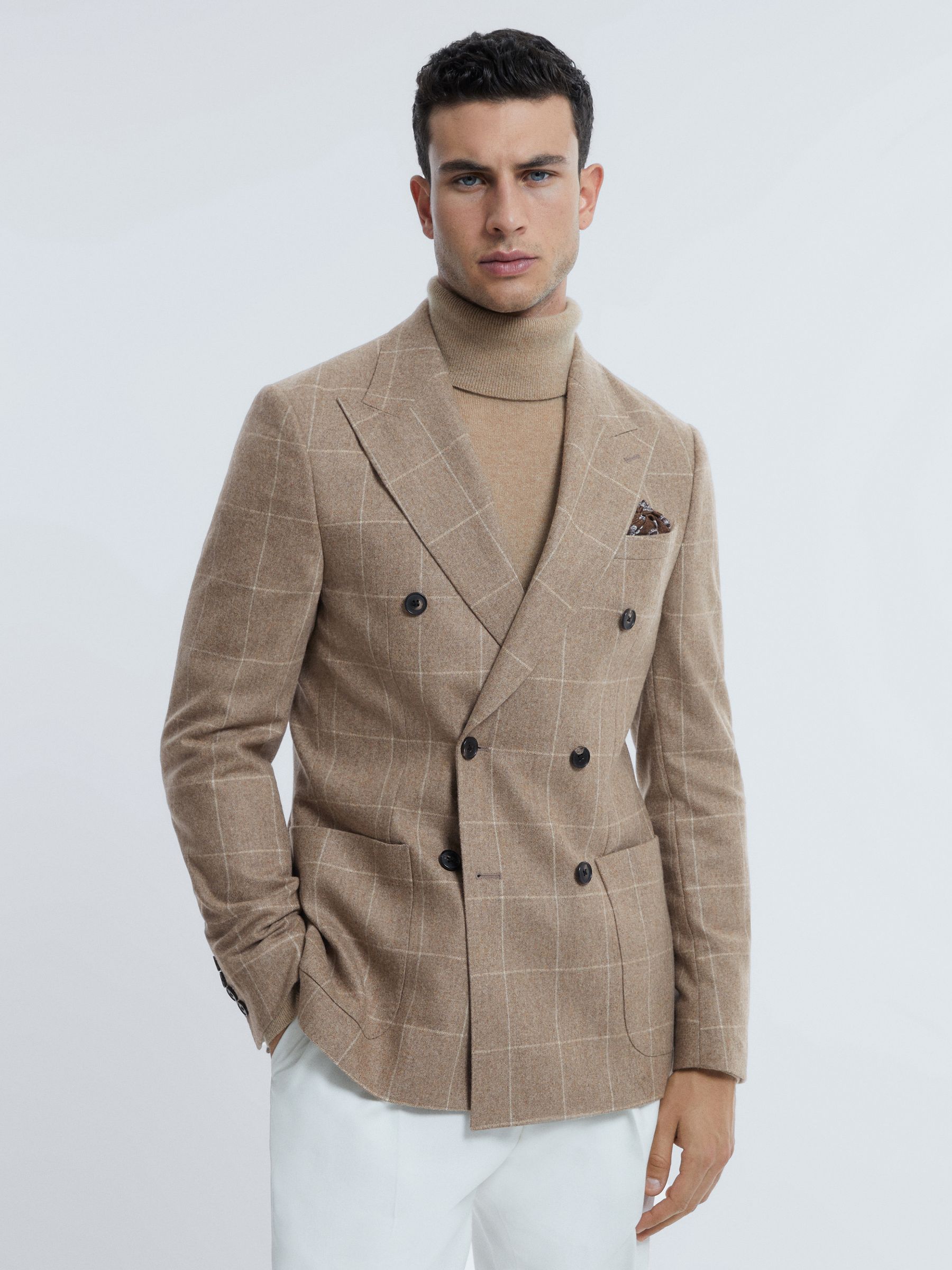 Atelier Italian Wool-Cashmere Slim Fit Double Breasted Check Blazer in Oatmeal - Image 1 of 7