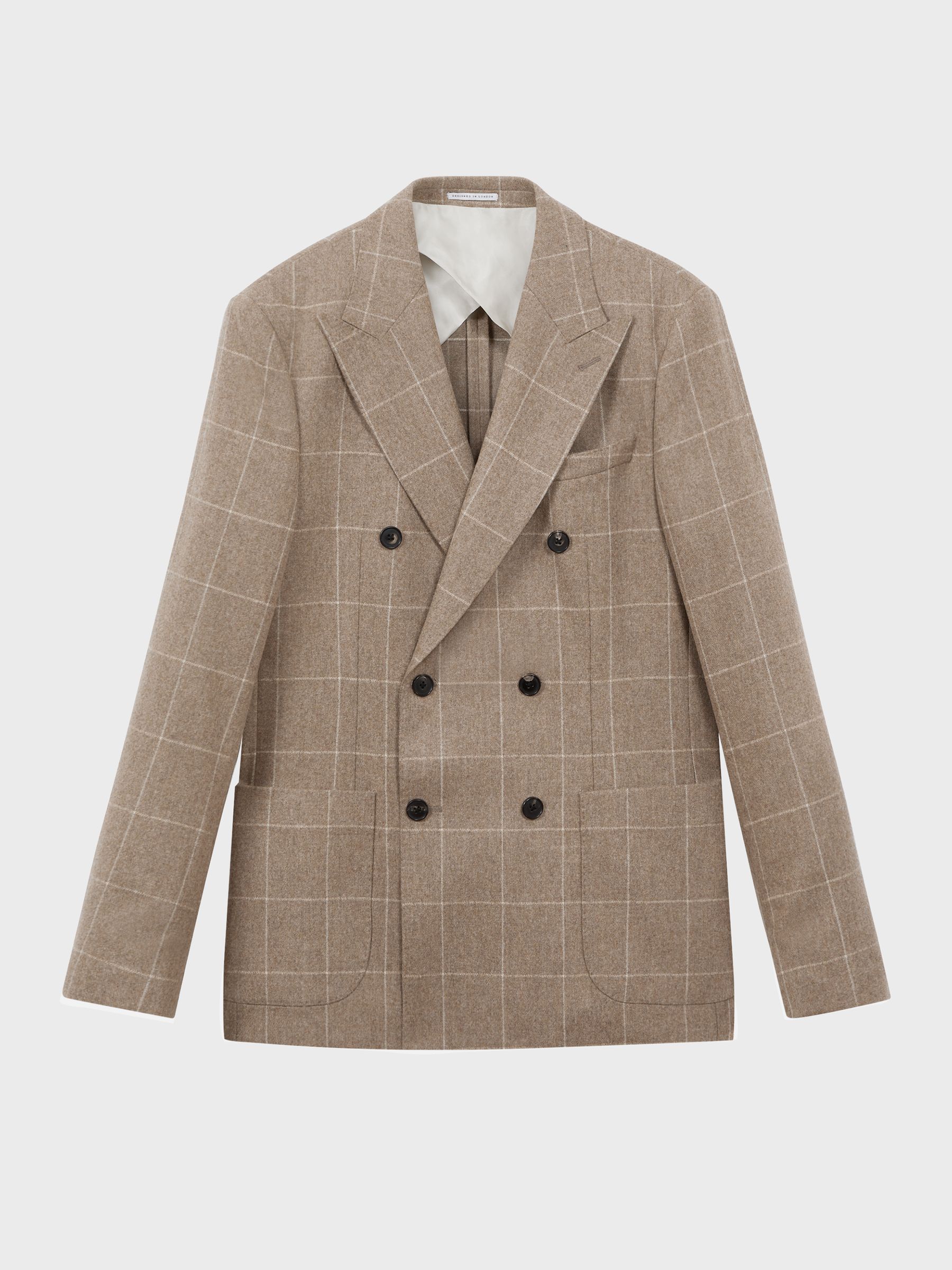 Atelier Italian Wool-Cashmere Slim Fit Double Breasted Check Blazer in Oatmeal - Image 2 of 7