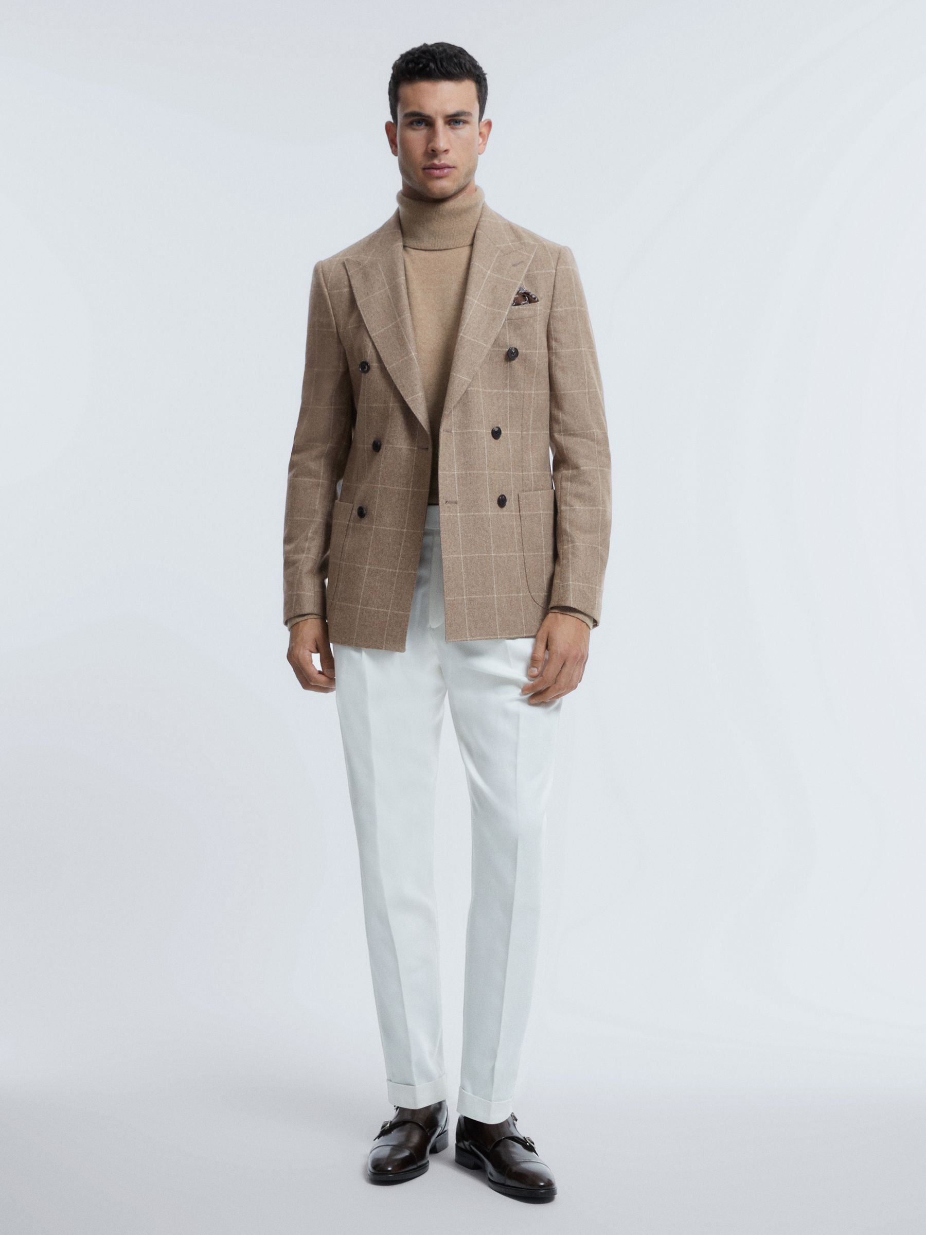 Atelier Italian Wool-Cashmere Slim Fit Double Breasted Check Blazer in Oatmeal - Image 3 of 7