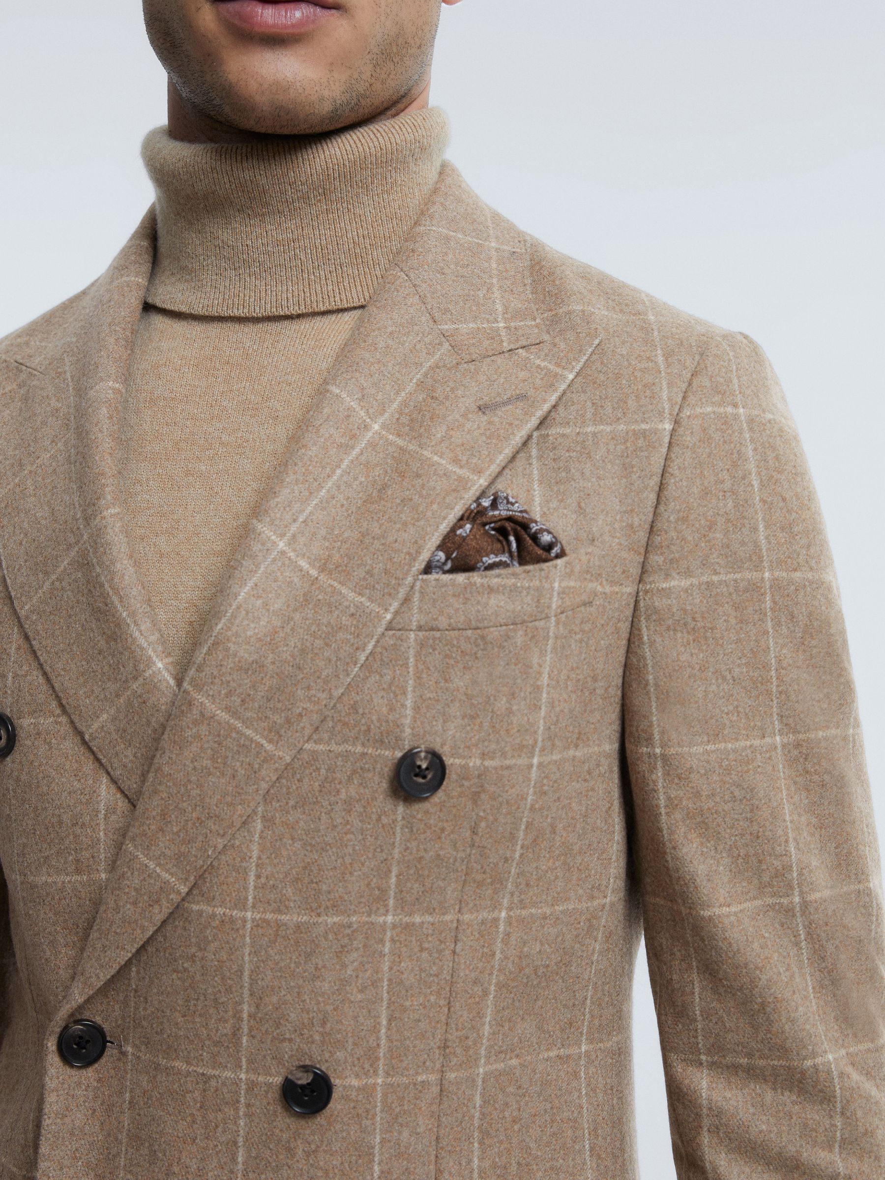Atelier Italian Wool-Cashmere Slim Fit Double Breasted Check Blazer in Oatmeal - Image 4 of 7