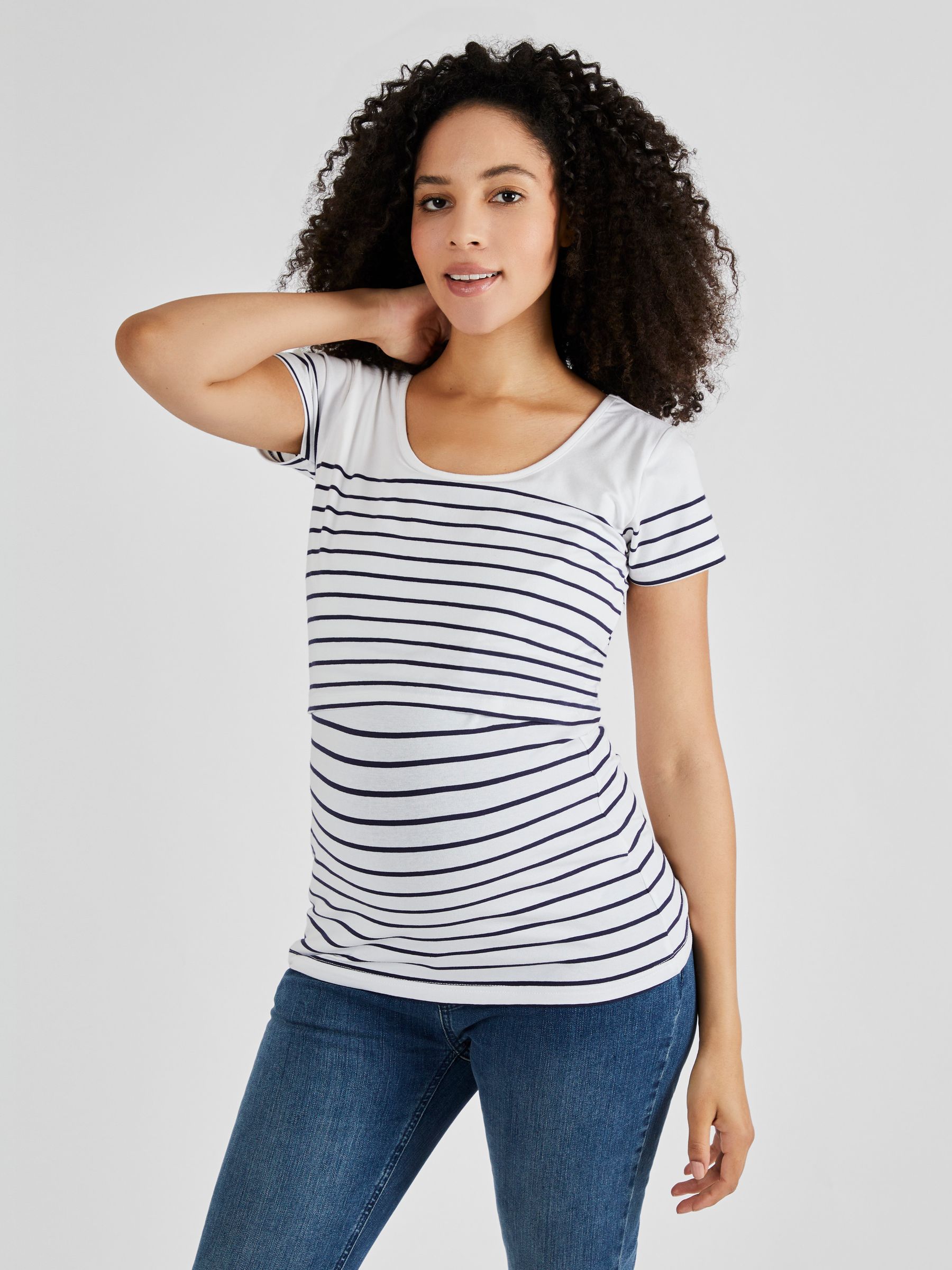 White Navy Stripe Breton Stripe Nursing T-Shirt - Image 1 of 5