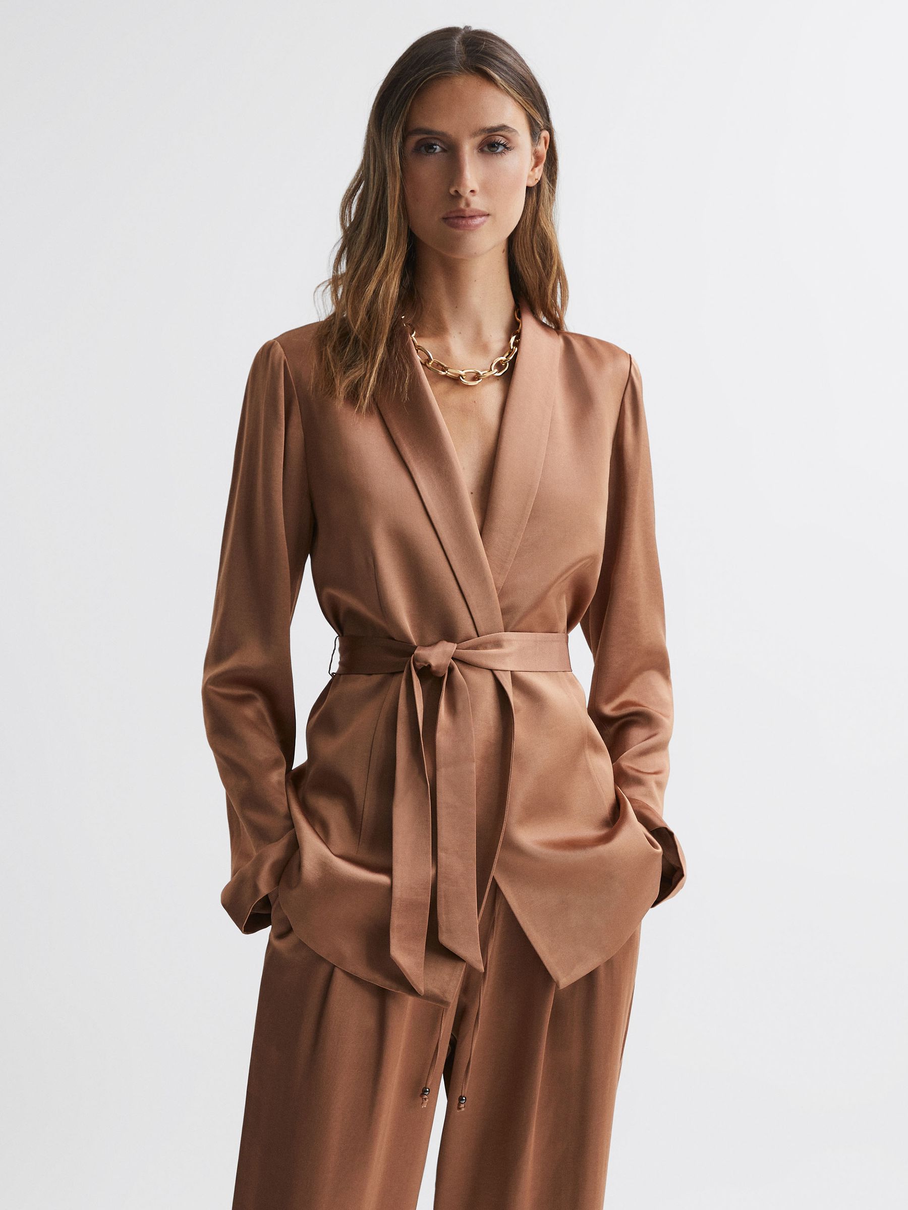 Paige Belted Single Breasted Suit Blazer in Camel - Image 1 of 7