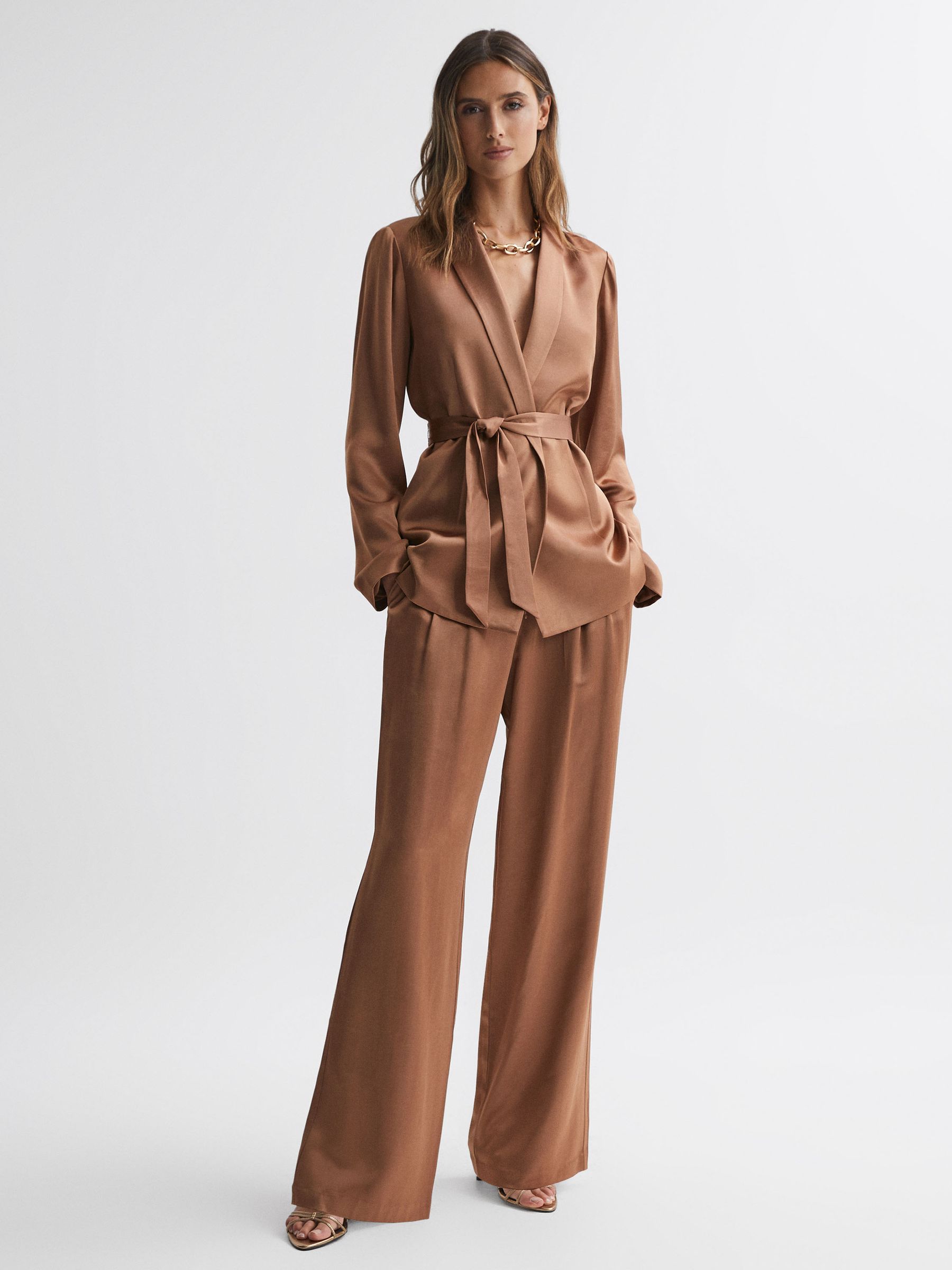 Paige Belted Single Breasted Suit Blazer in Camel - Image 3 of 7