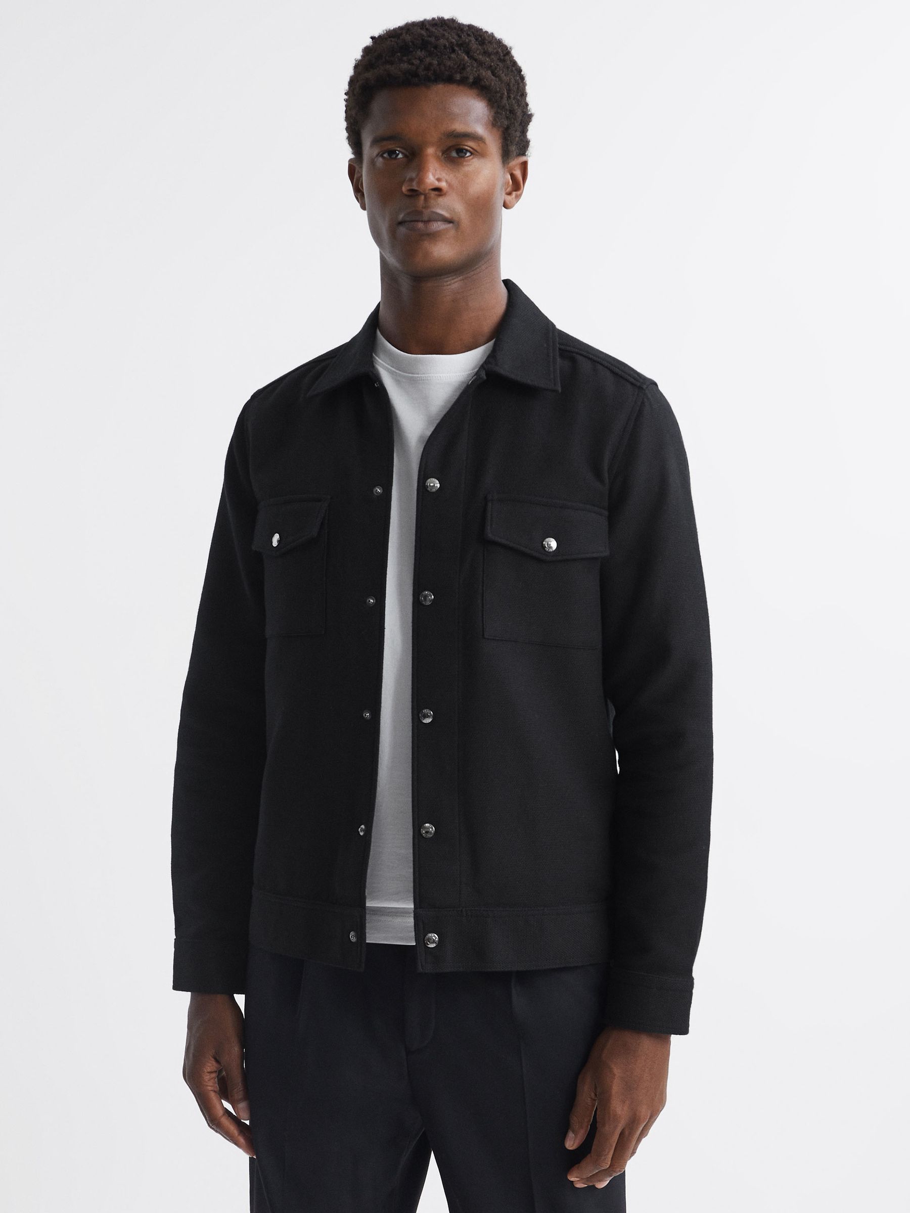 Textured Cotton Twin Pocket Overshirt in Black - Image 1 of 5