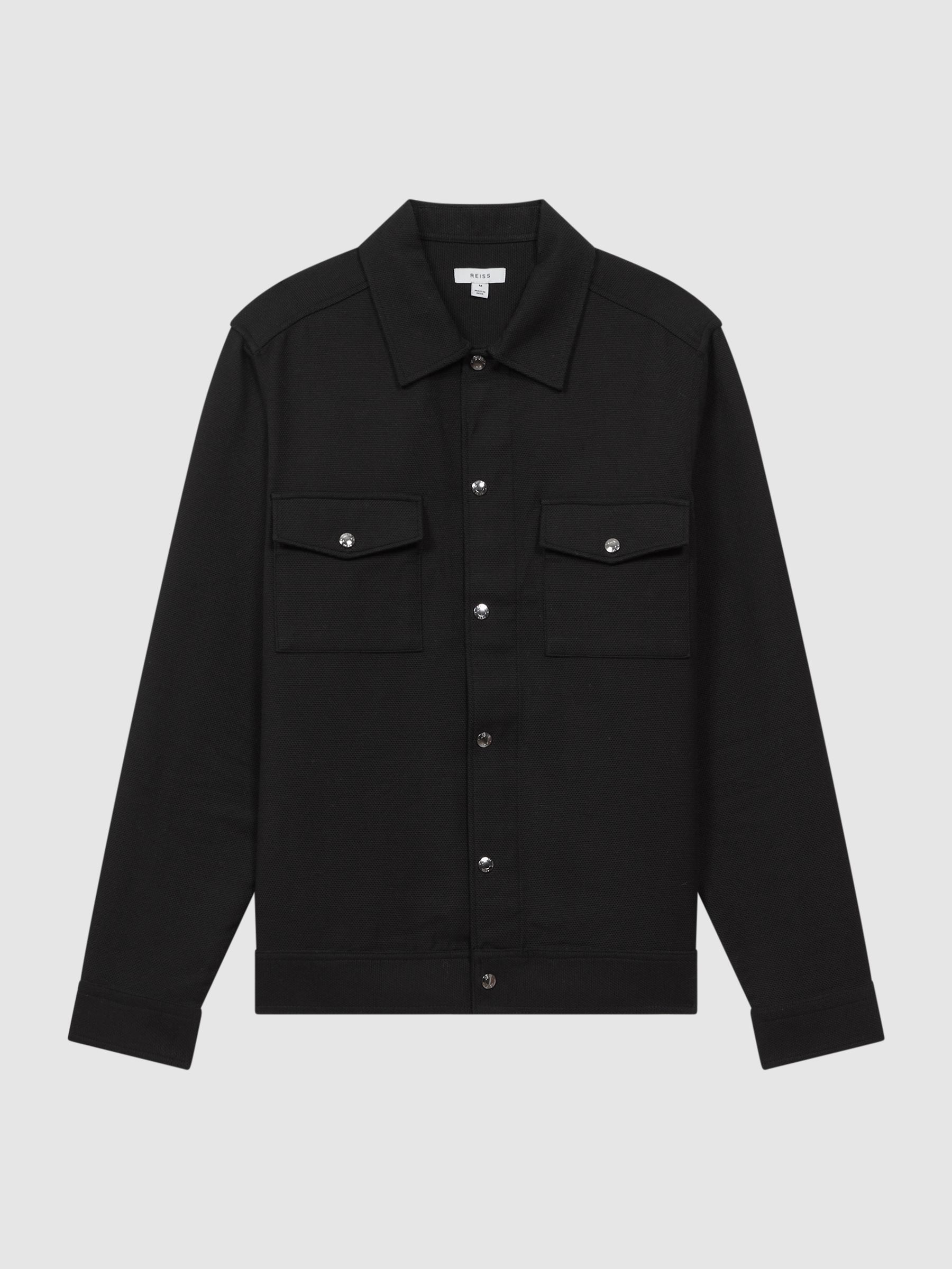 Textured Cotton Twin Pocket Overshirt in Black - Image 2 of 5