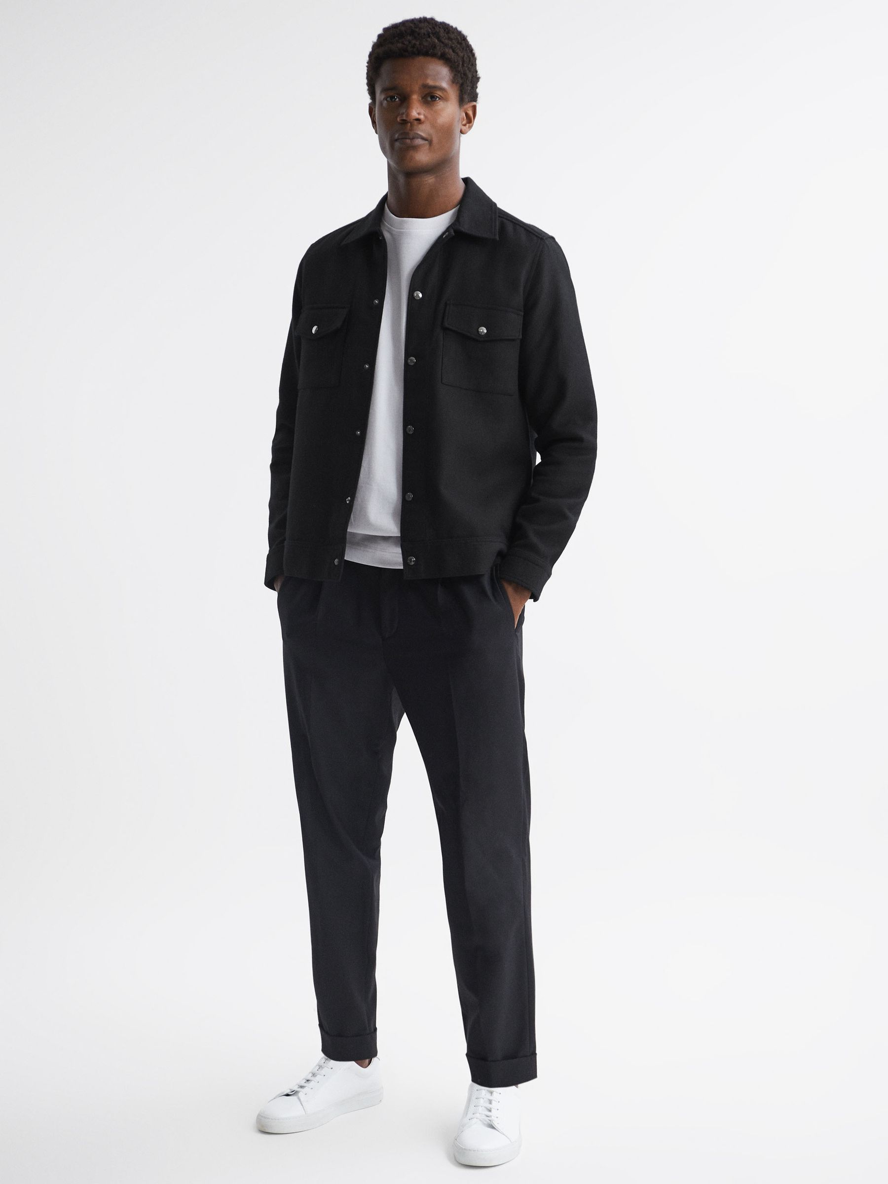 Textured Cotton Twin Pocket Overshirt in Black - Image 3 of 5