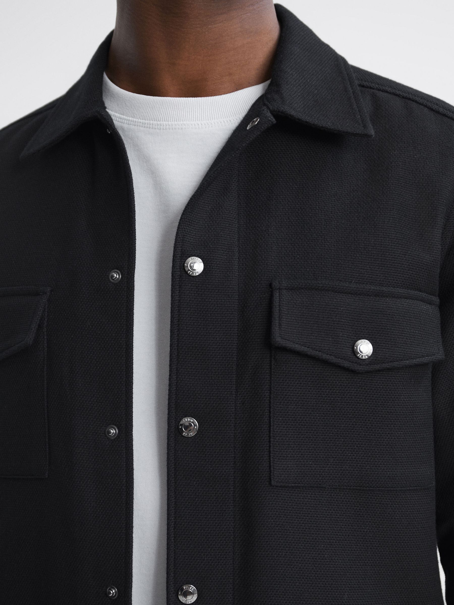 Textured Cotton Twin Pocket Overshirt in Black - Image 4 of 5