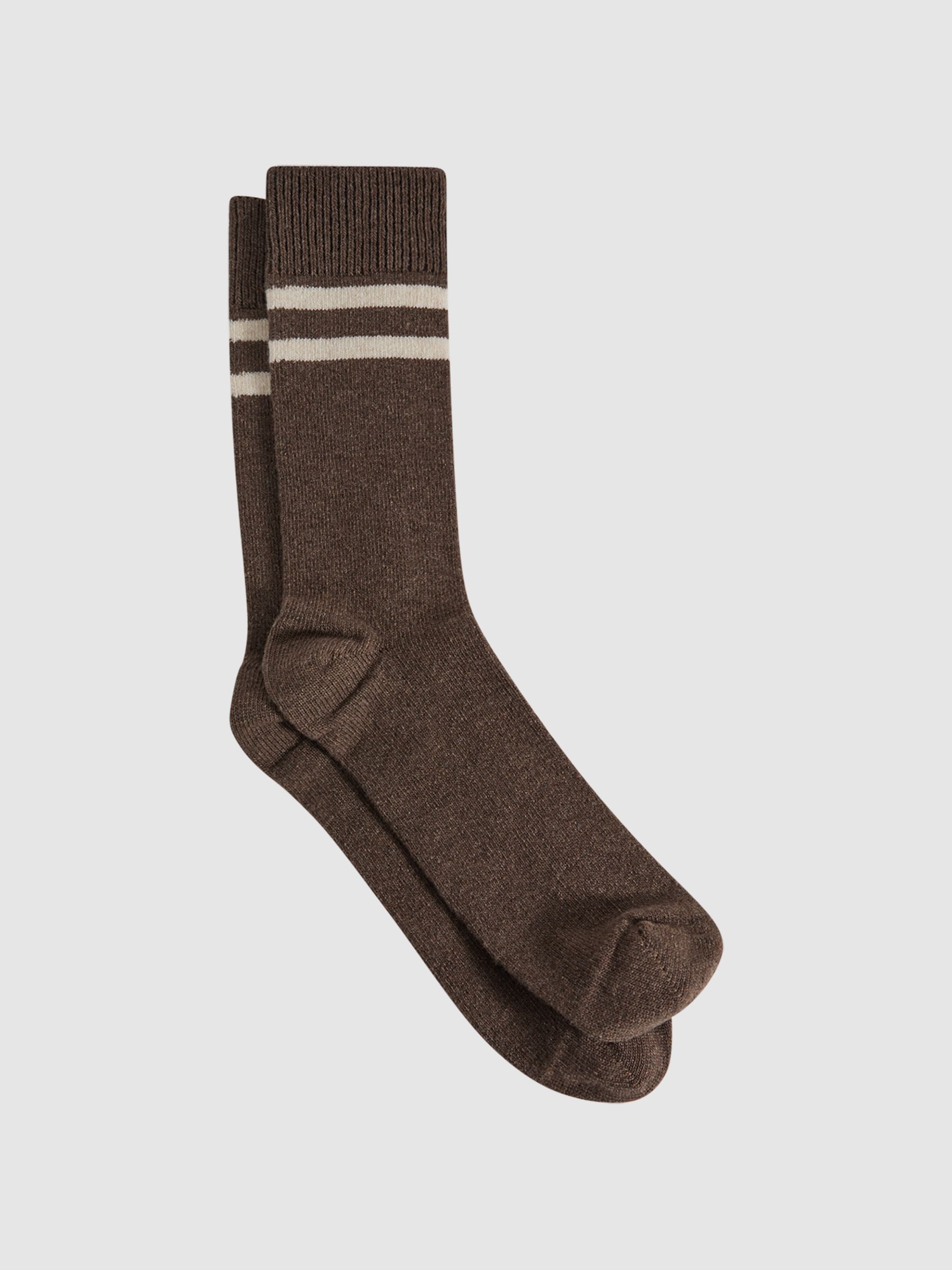 Wool Blend Striped Crew Socks in Brown Melange - Image 1 of 3