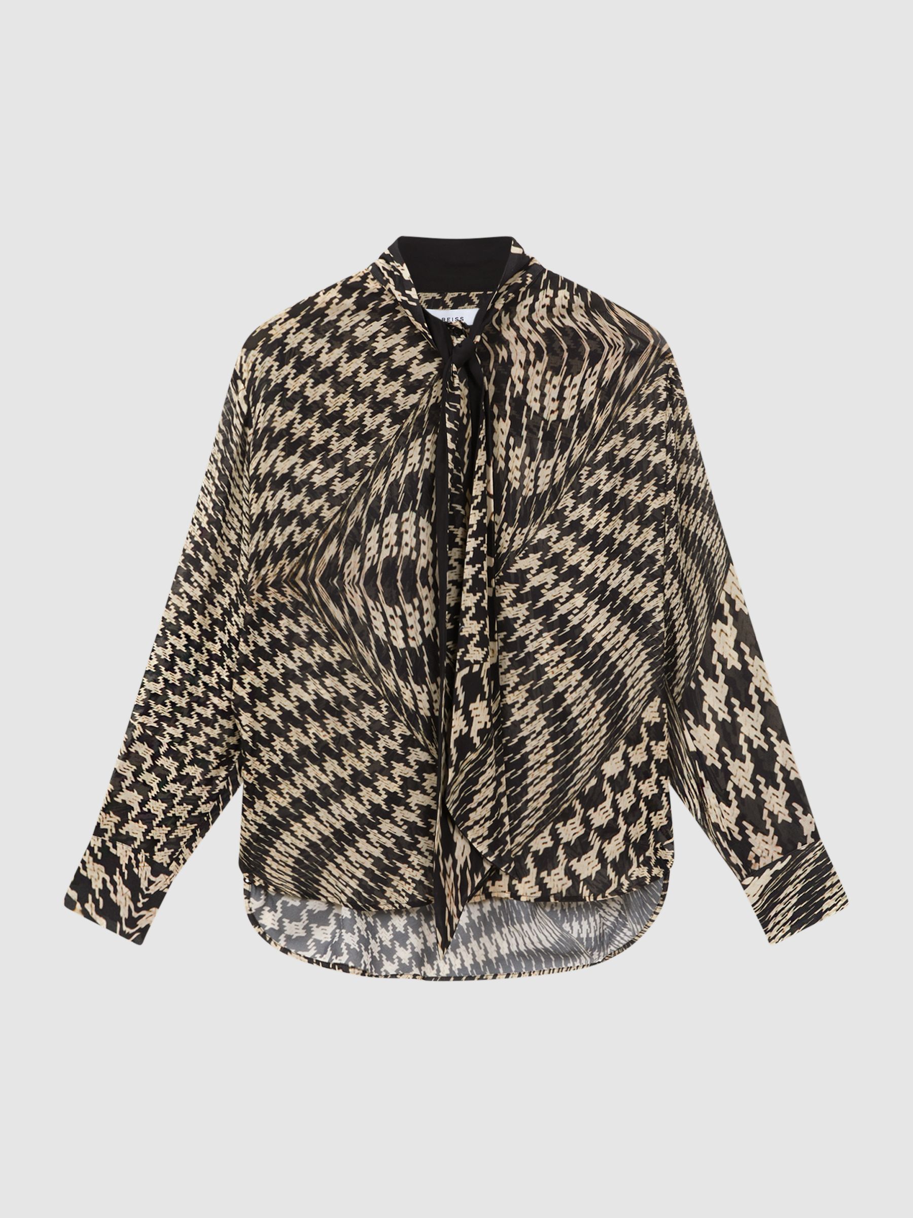 Dogtooth Tie-Neck Blouse in Black/White - Image 2 of 5