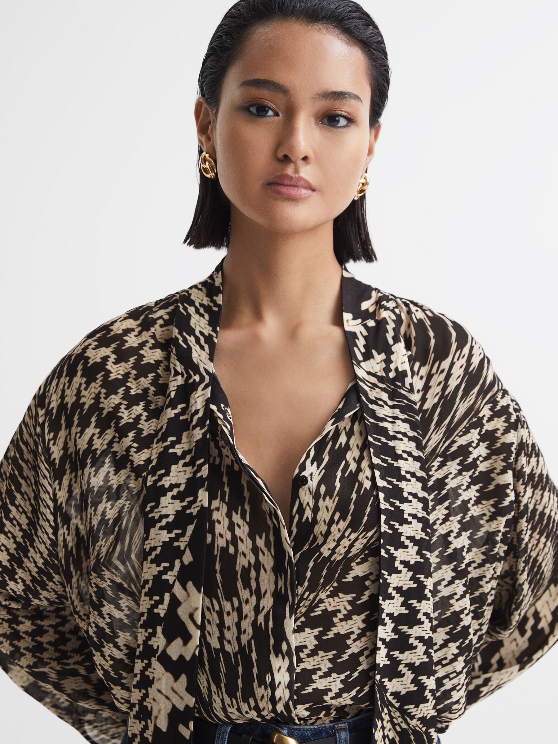 Dogtooth Tie-Neck Blouse in Black/White - Image 4 of 5