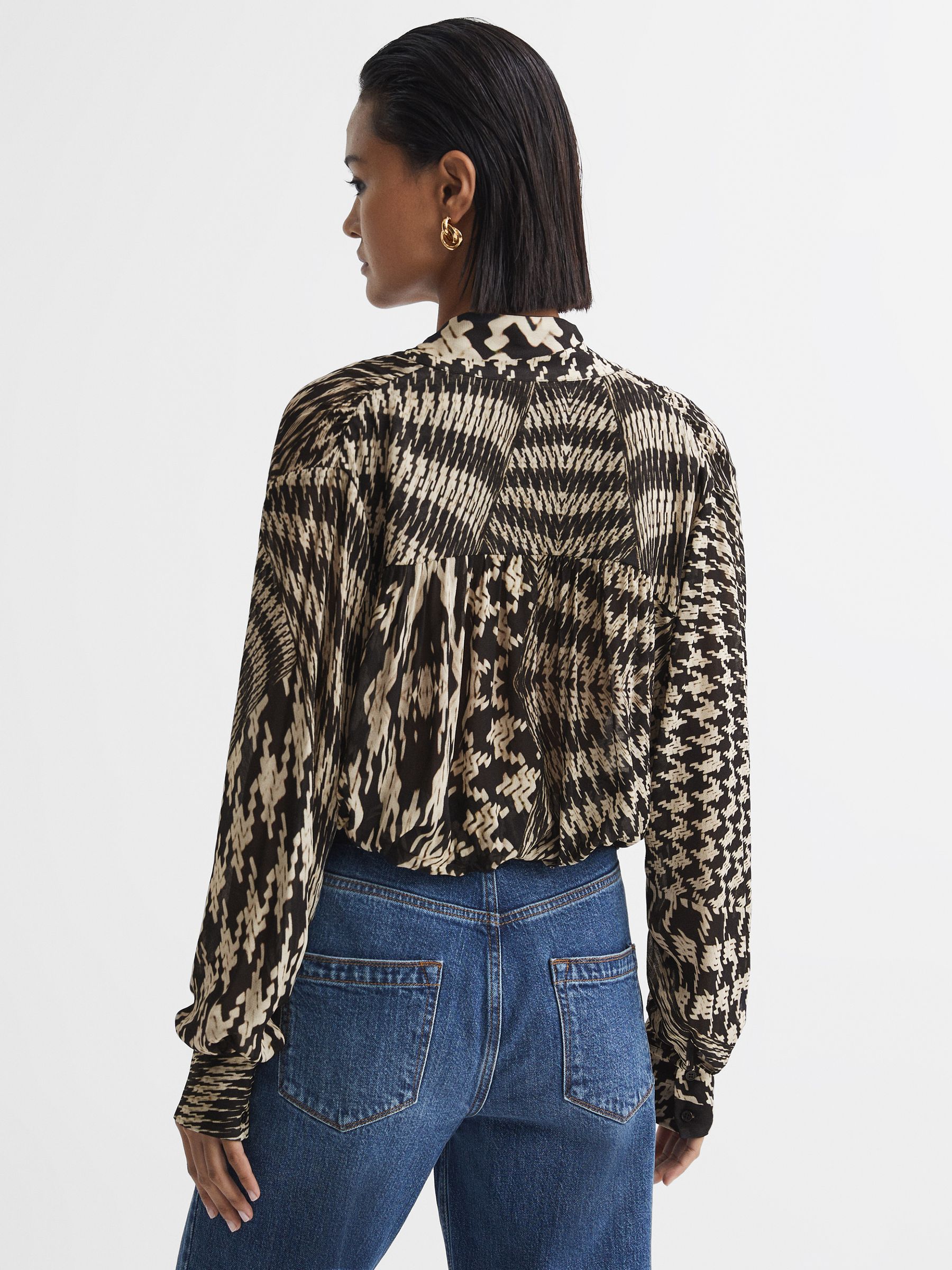 Dogtooth Tie-Neck Blouse in Black/White - Image 5 of 5