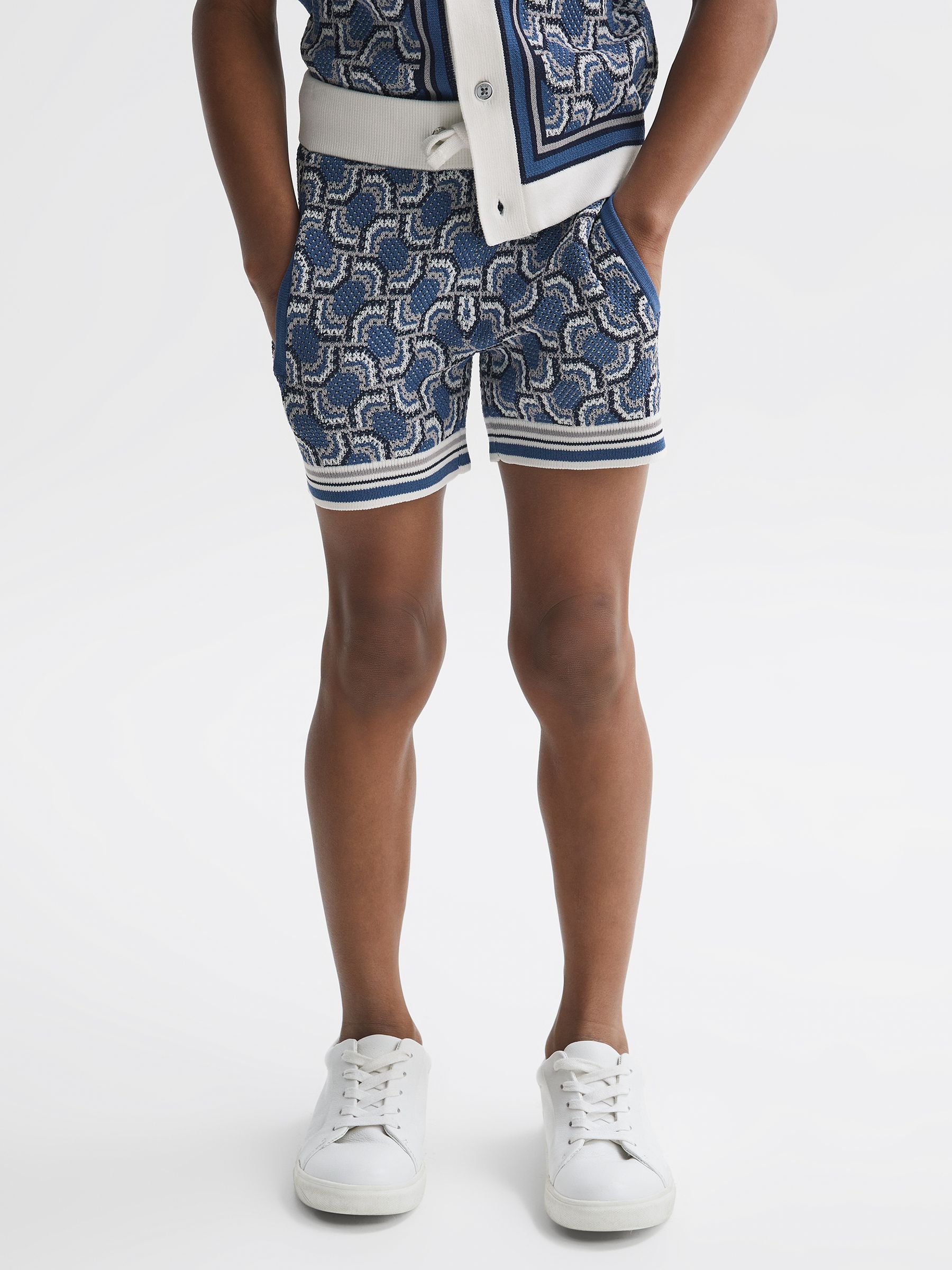 Junior Knitted Patterned Drawstring Shorts in Blue - Image 3 of 6