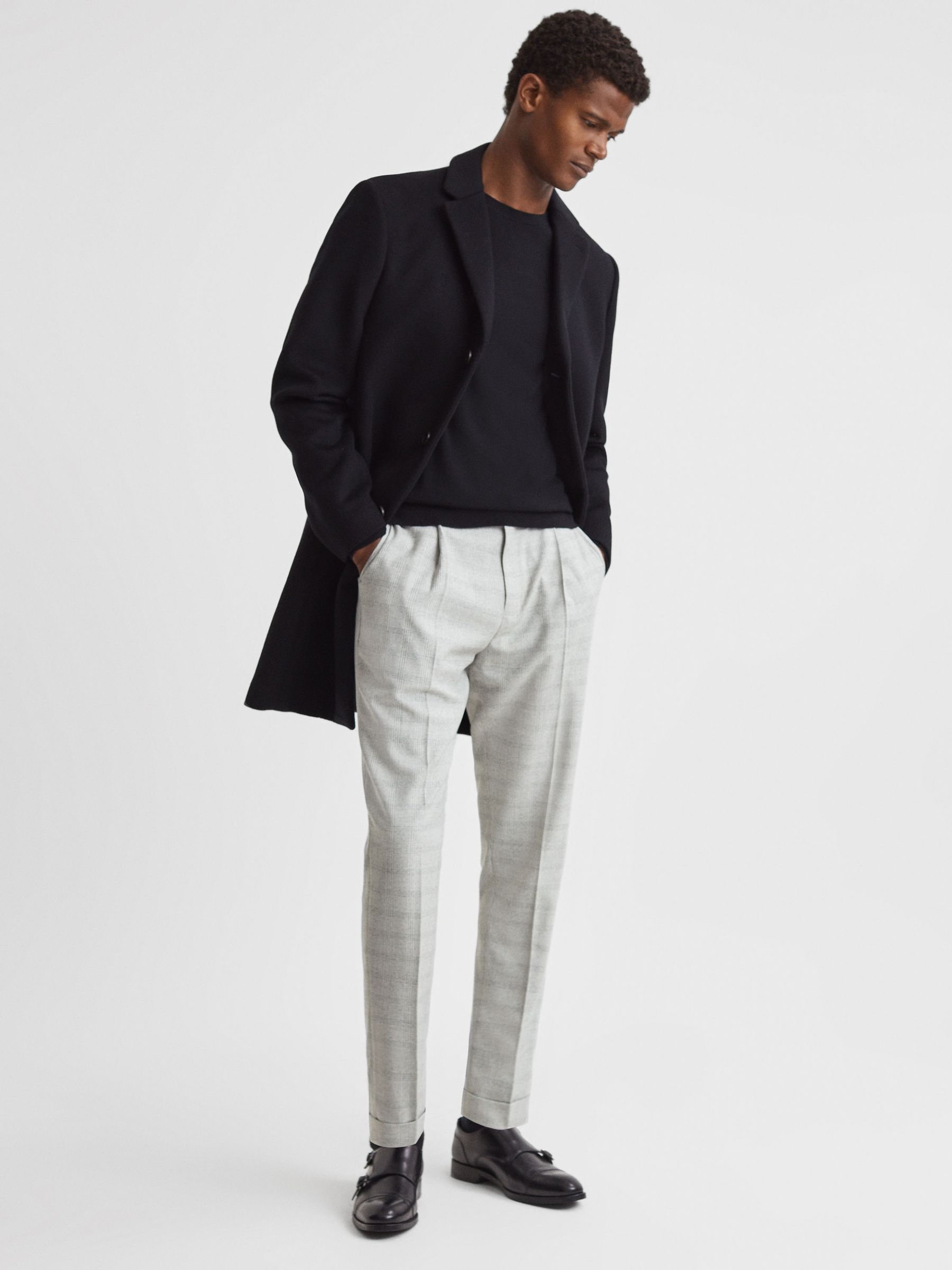 Slim Fit Prince of Wales Rolled Hem Trousers in Soft Grey - Image 3 of 5