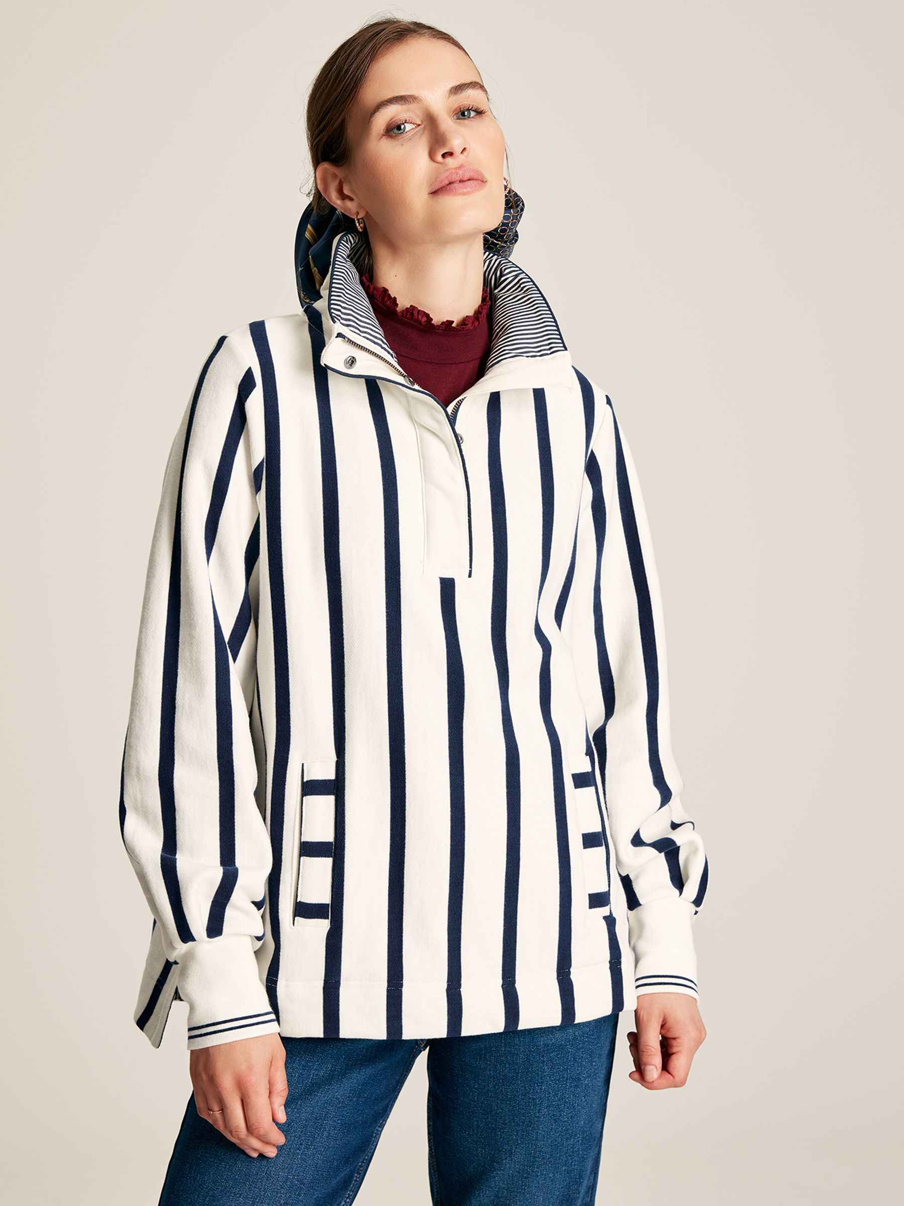 Burnham Cream & Navy Striped Funnel Neck Quarter Zip Sweatshirt - Image 1 of 7