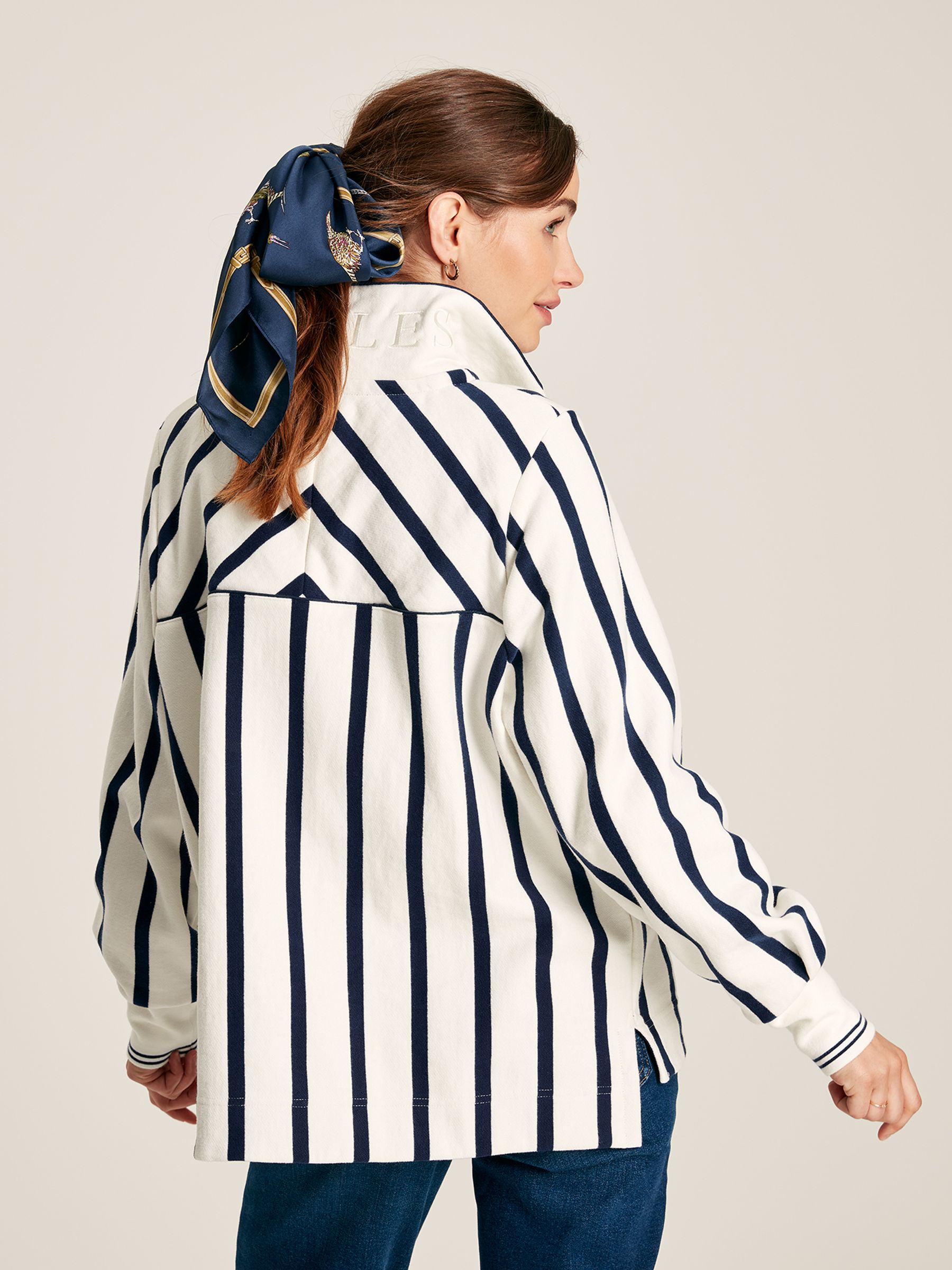 Burnham Cream & Navy Striped Funnel Neck Quarter Zip Sweatshirt - Image 2 of 7