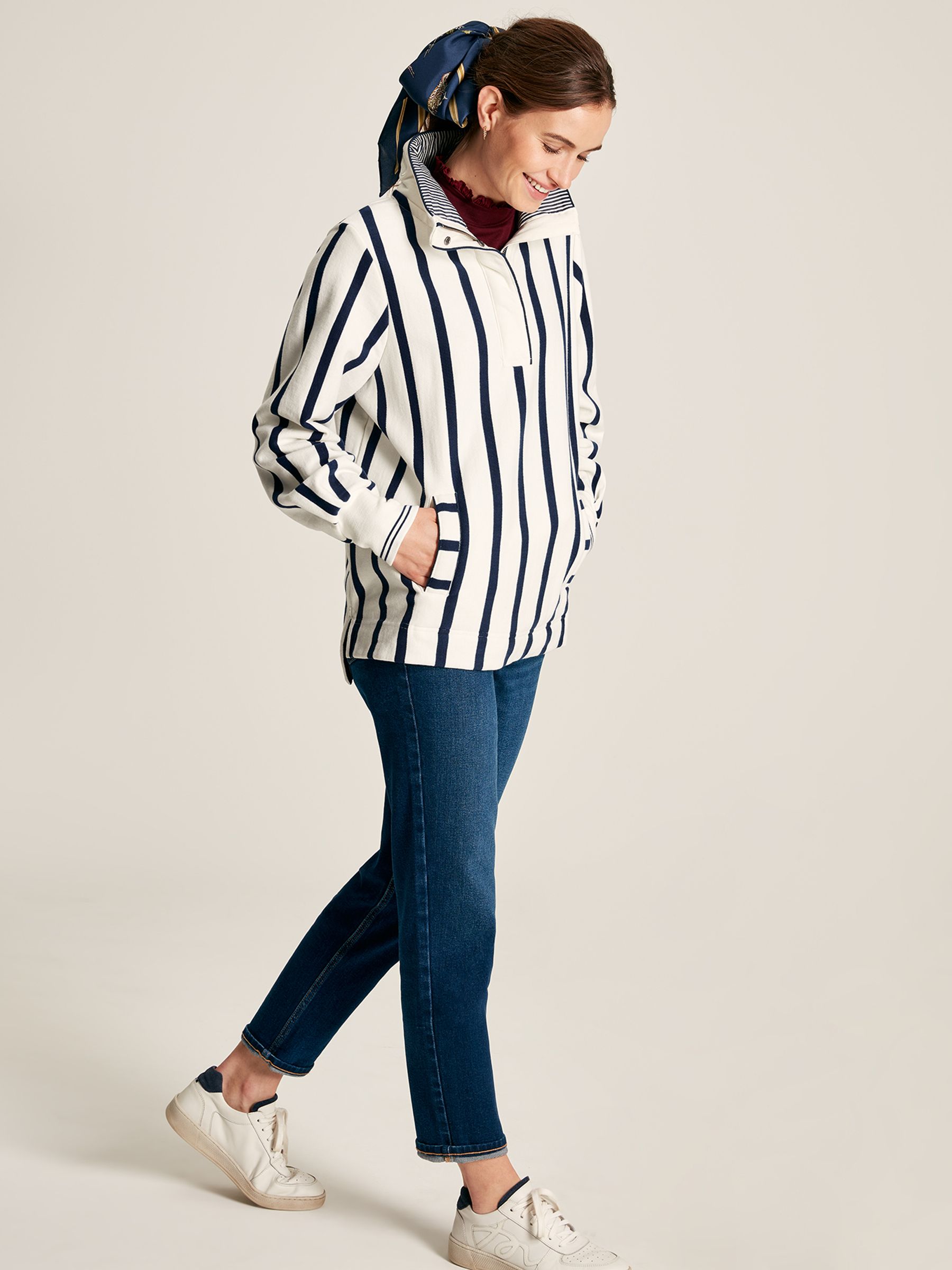 Burnham Cream & Navy Striped Funnel Neck Quarter Zip Sweatshirt - Image 3 of 7