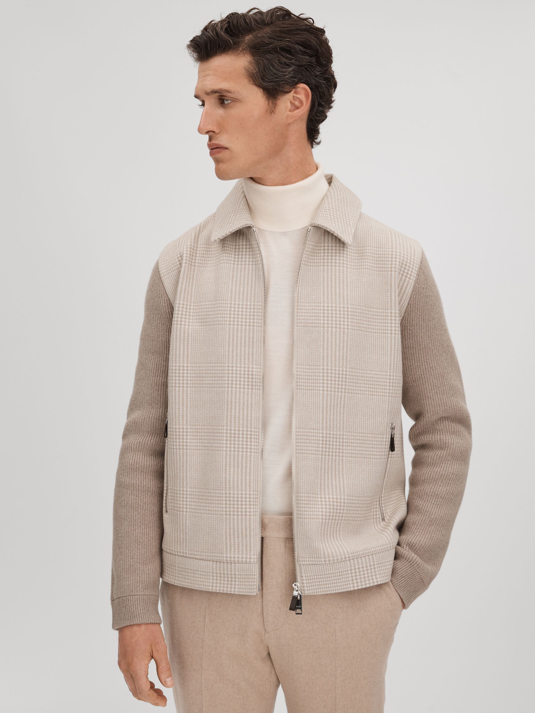Hybrid Knit Zip-Through Jacket in Oatmeal - Image 1 of 7