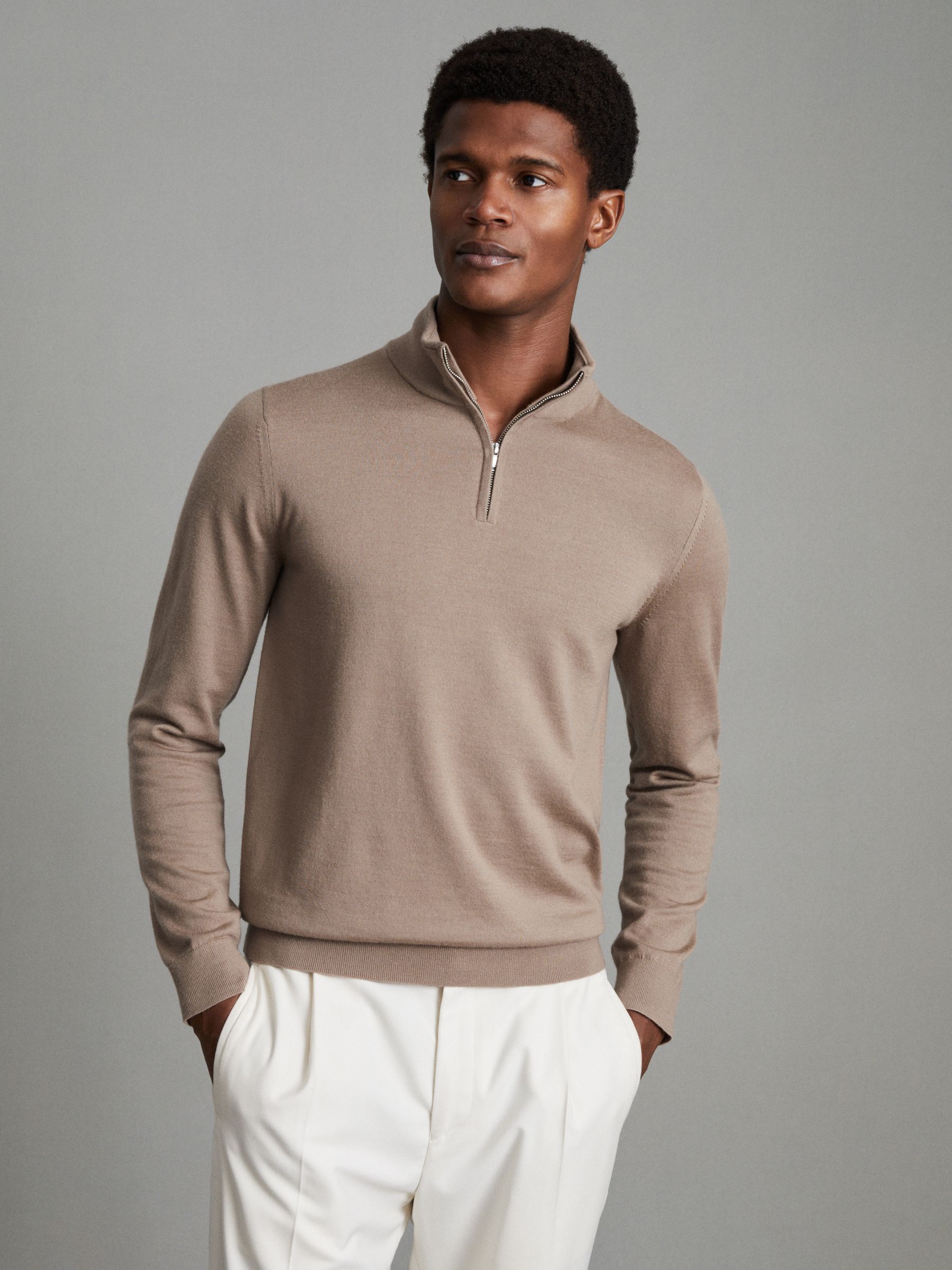 Merino Wool Half-Zip Funnel Neck Jumper in Camel - Image 1 of 6