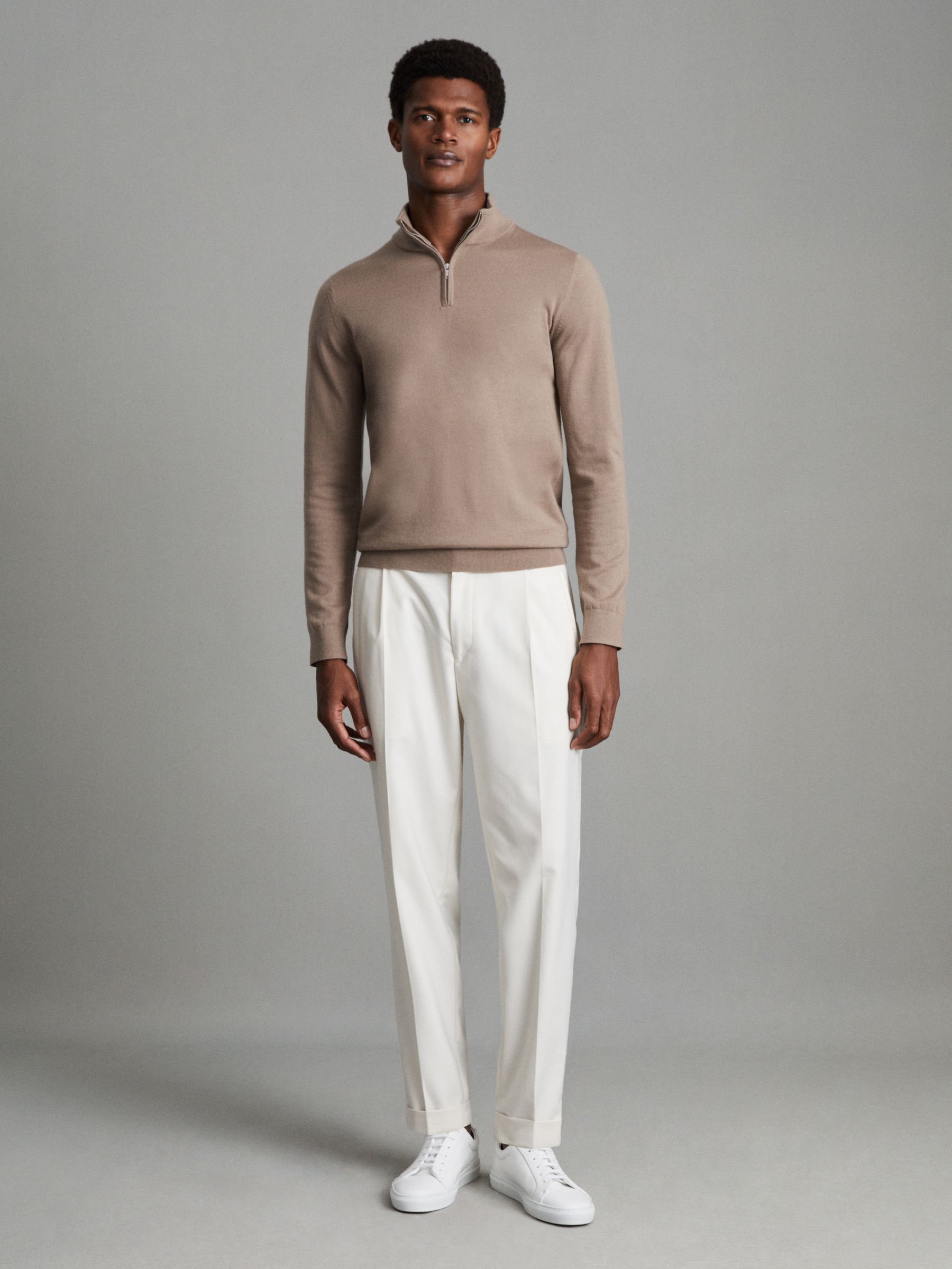 Merino Wool Half-Zip Funnel Neck Jumper in Camel - Image 3 of 6