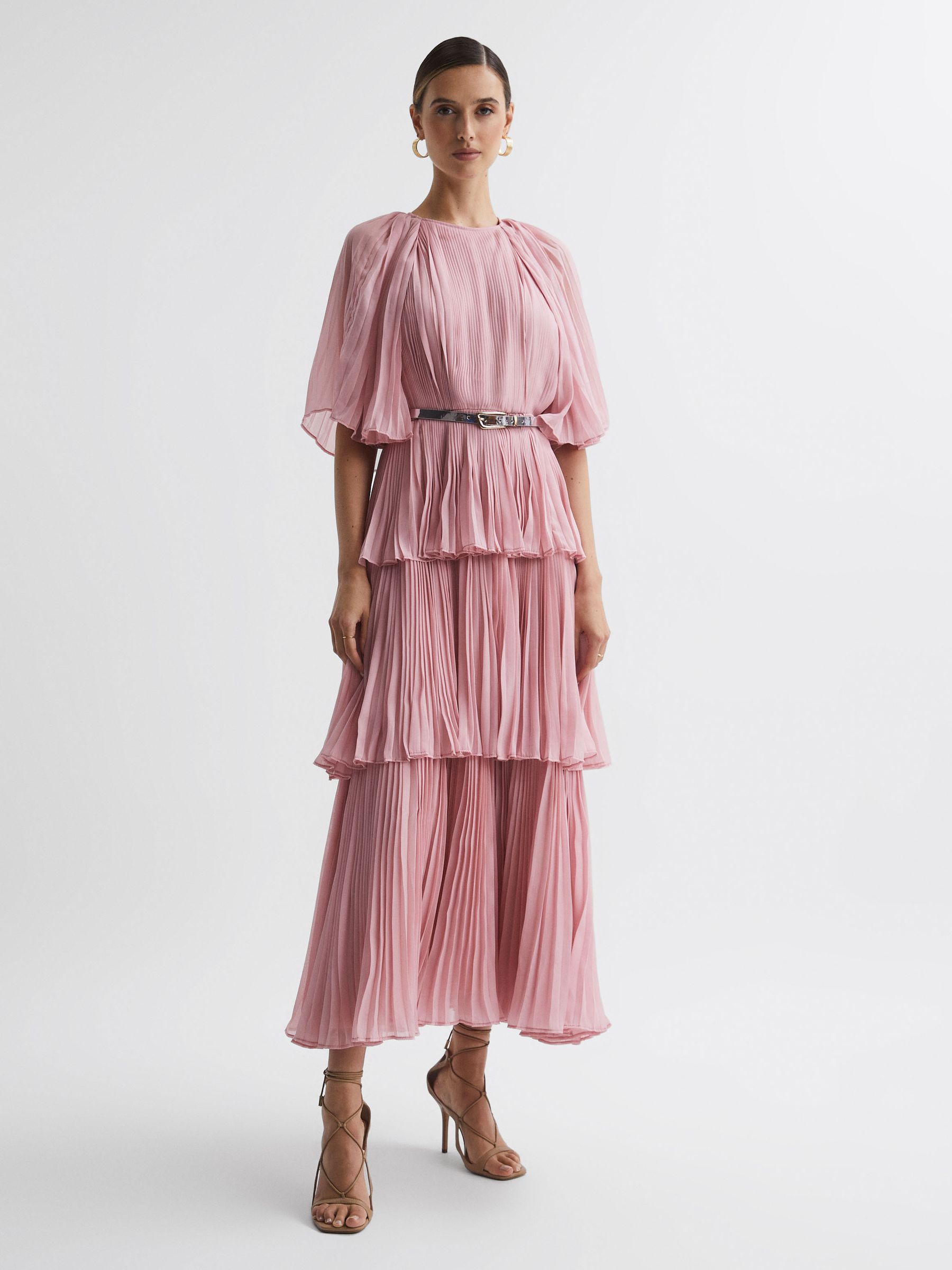 Reiss Leo Lin Pleated Tiered Midi Dress in Dusty Pink - REISS Reiss Leo Lin Pleated Tiered Midi Dress in Dusty Pink - REISS