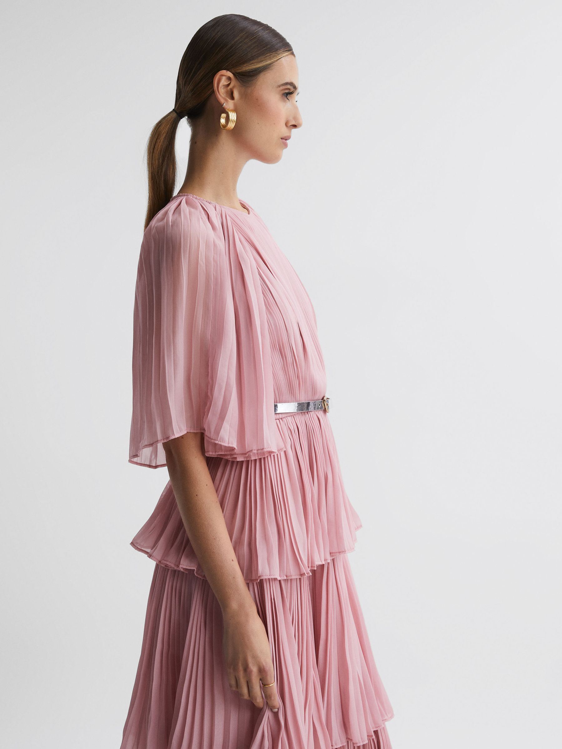 Leo Lin Pleated Tiered Midi Dress in Dusty Pink - Image 3 of 6
