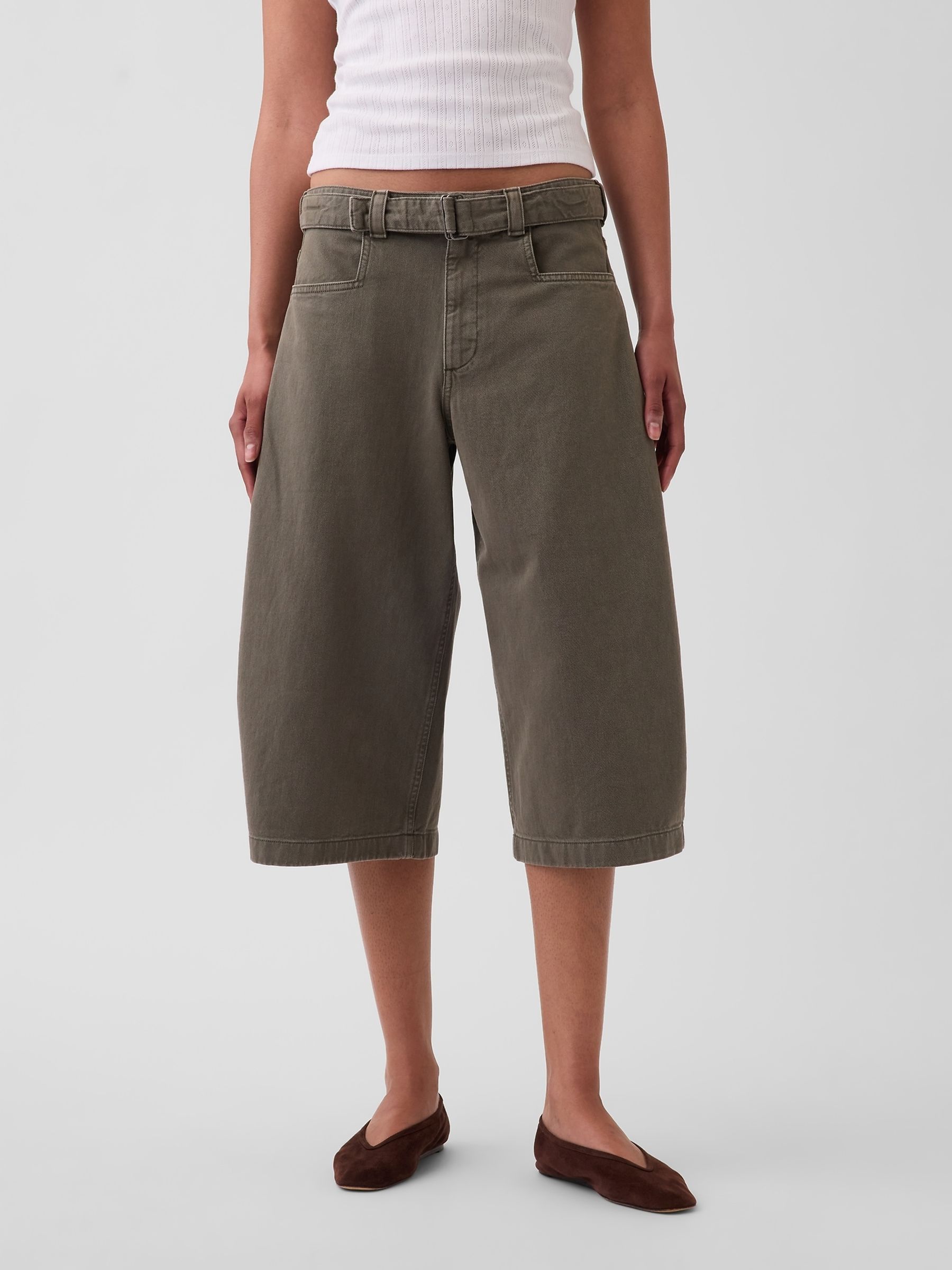 Khaki Green Mid Rise Belted Culotte Barrel Trousers - Image 1 of 4