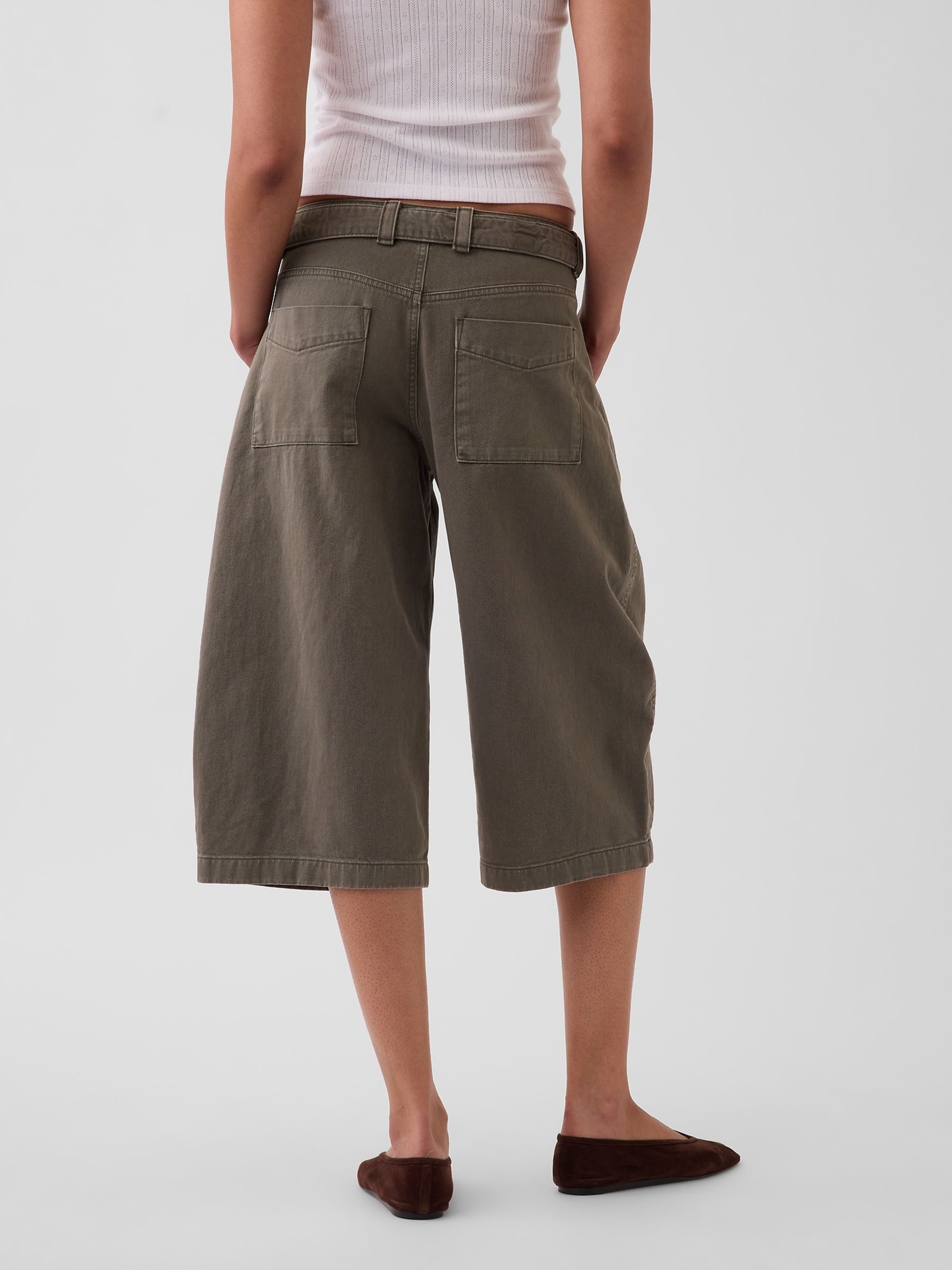 Khaki Green Mid Rise Belted Culotte Barrel Trousers - Image 2 of 4