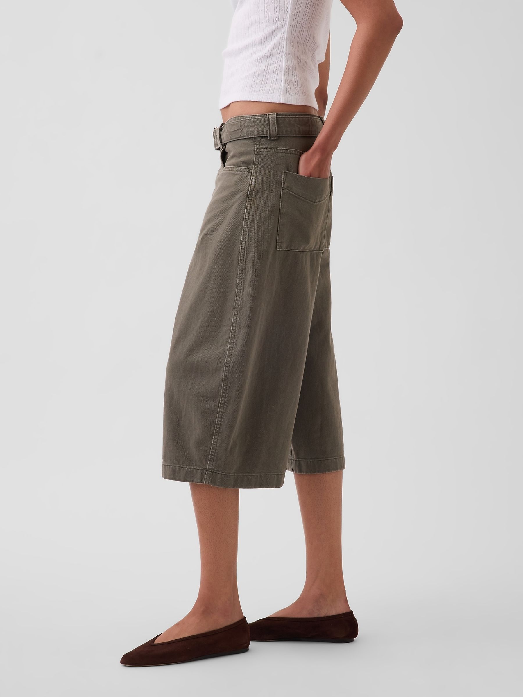 Khaki Green Mid Rise Belted Culotte Barrel Trousers - Image 3 of 4