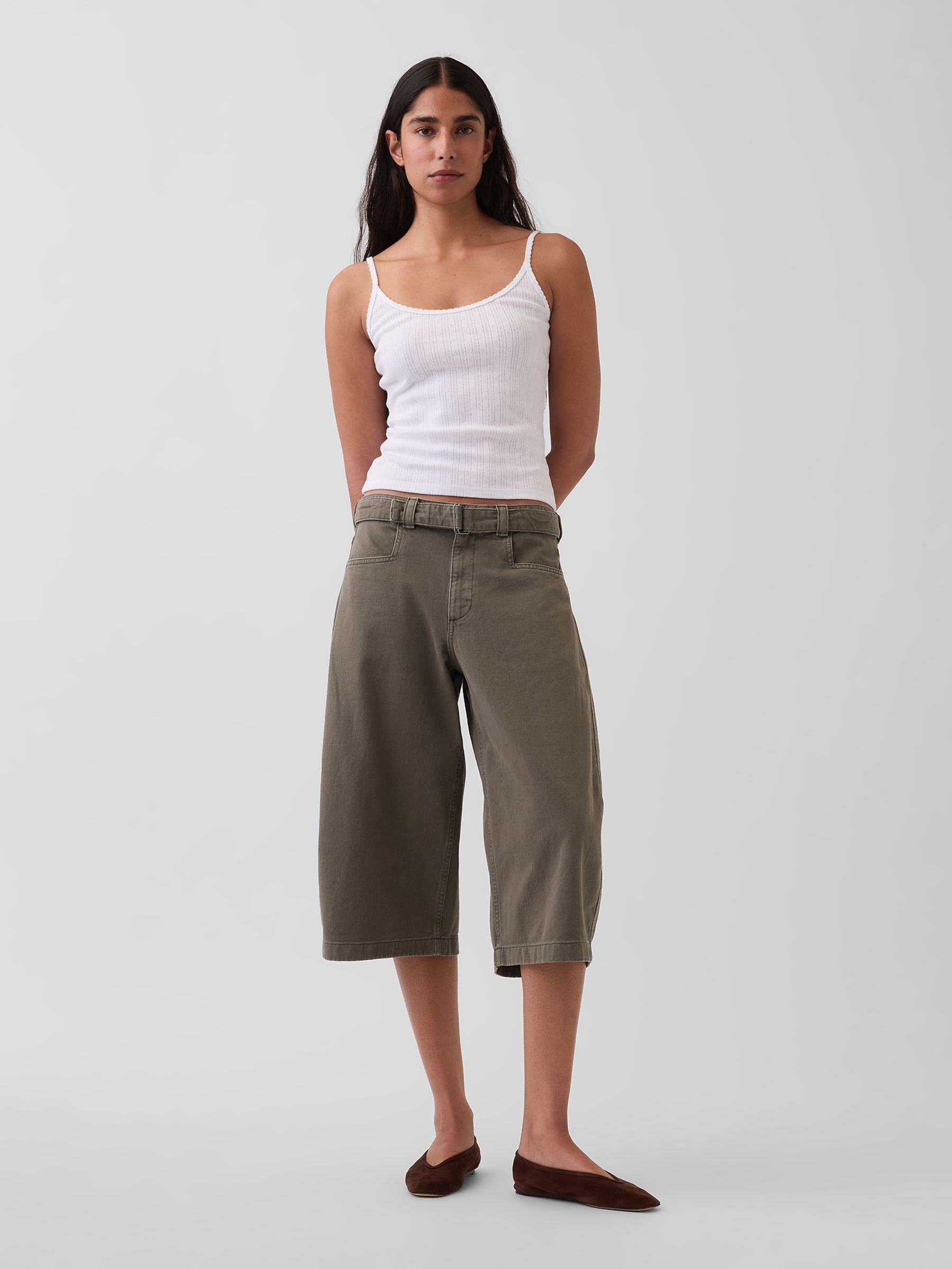 Khaki Green Mid Rise Belted Culotte Barrel Trousers - Image 4 of 4