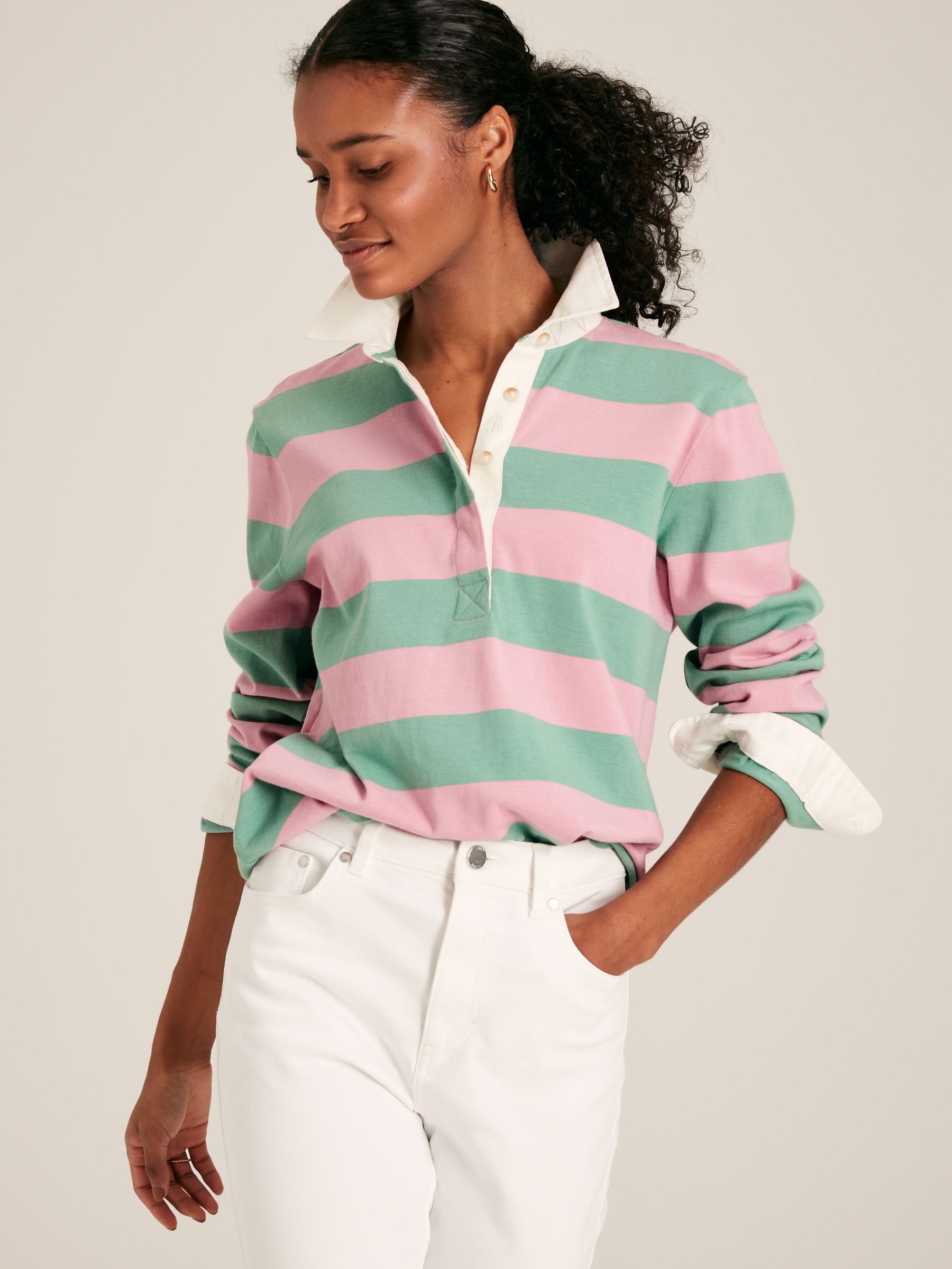 Falmouth Pink & Green Striped Cotton Rugby Shirt - Image 4 of 7