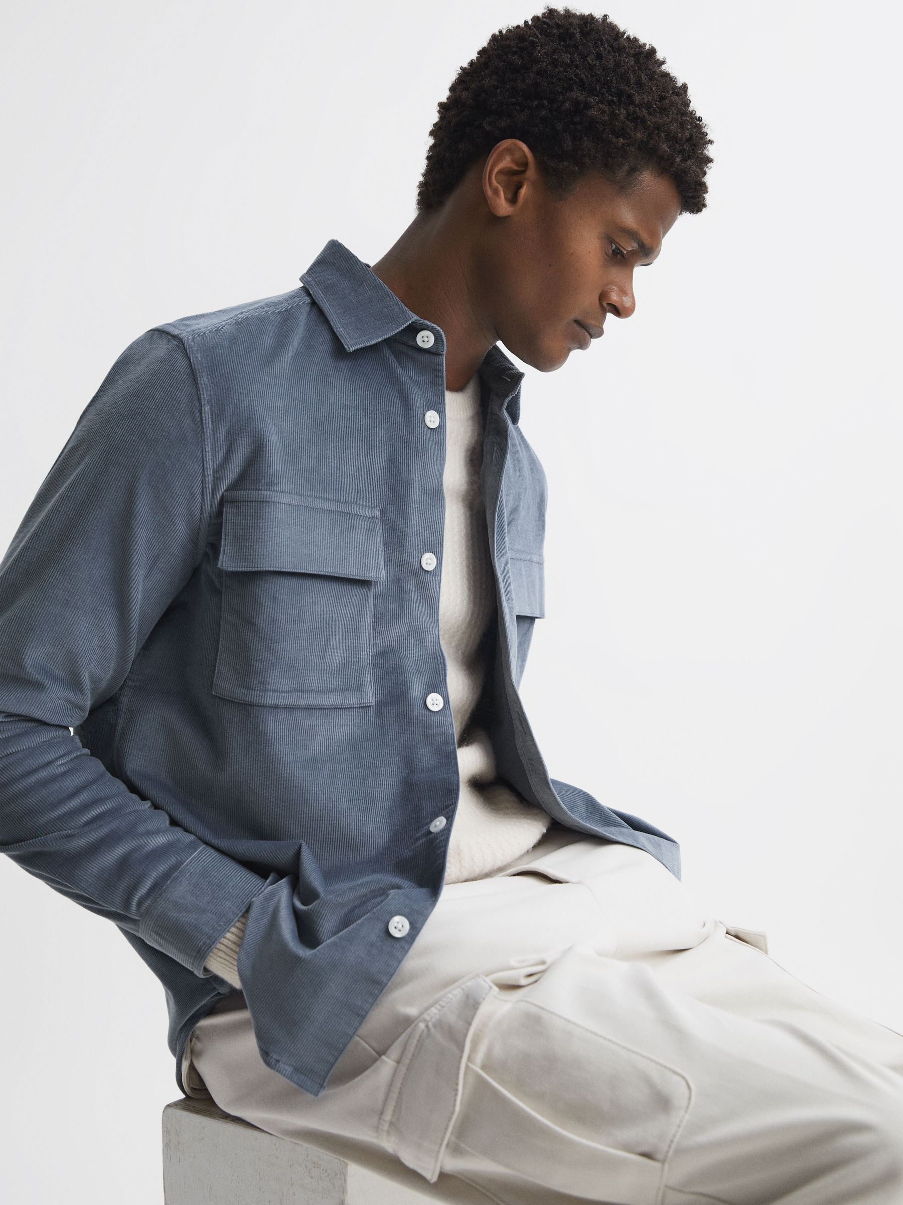 Corduroy Button-Through Overshirt in Airforce Blue - Image 1 of 5