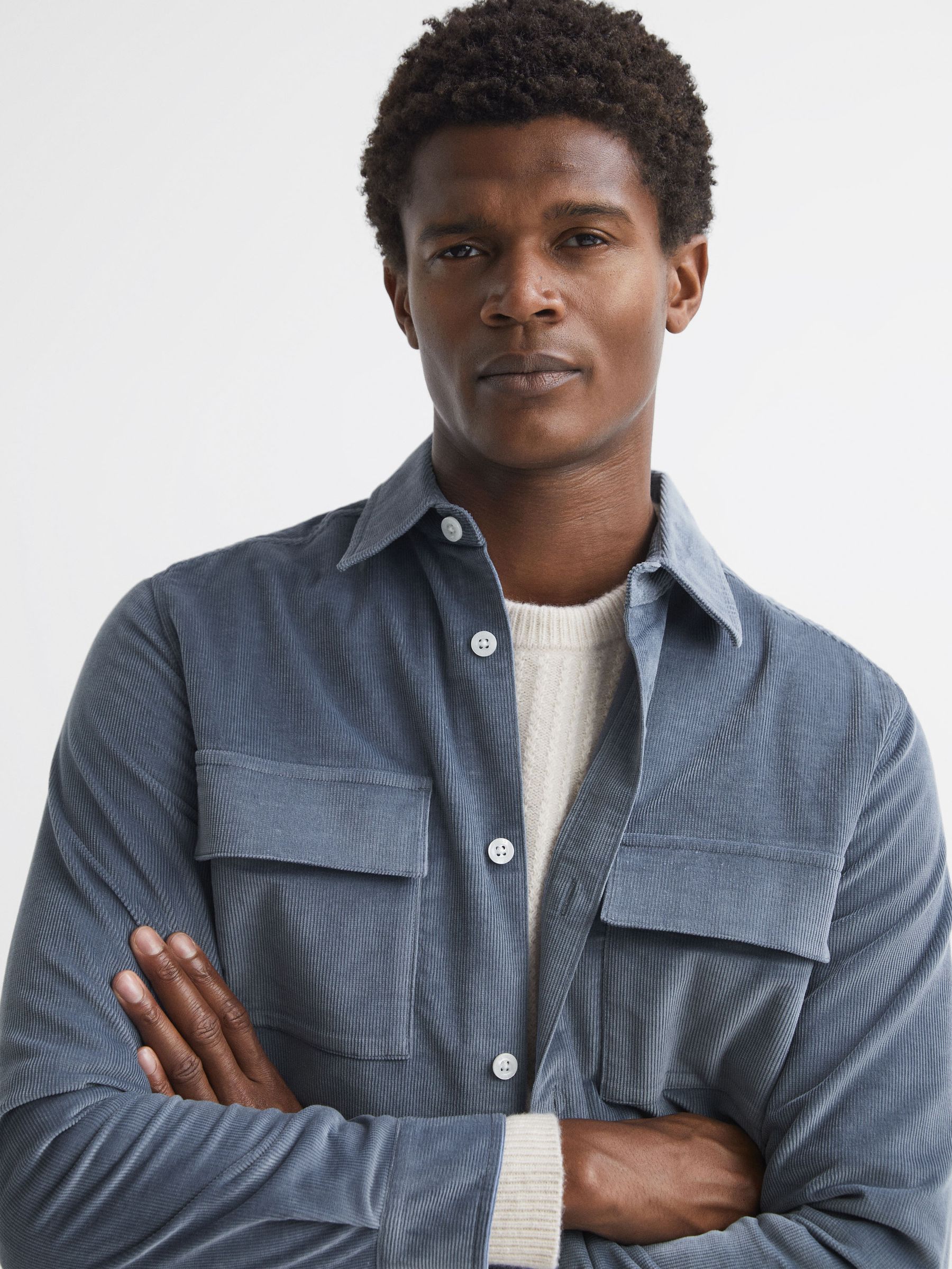 Corduroy Button-Through Overshirt in Airforce Blue - Image 4 of 5