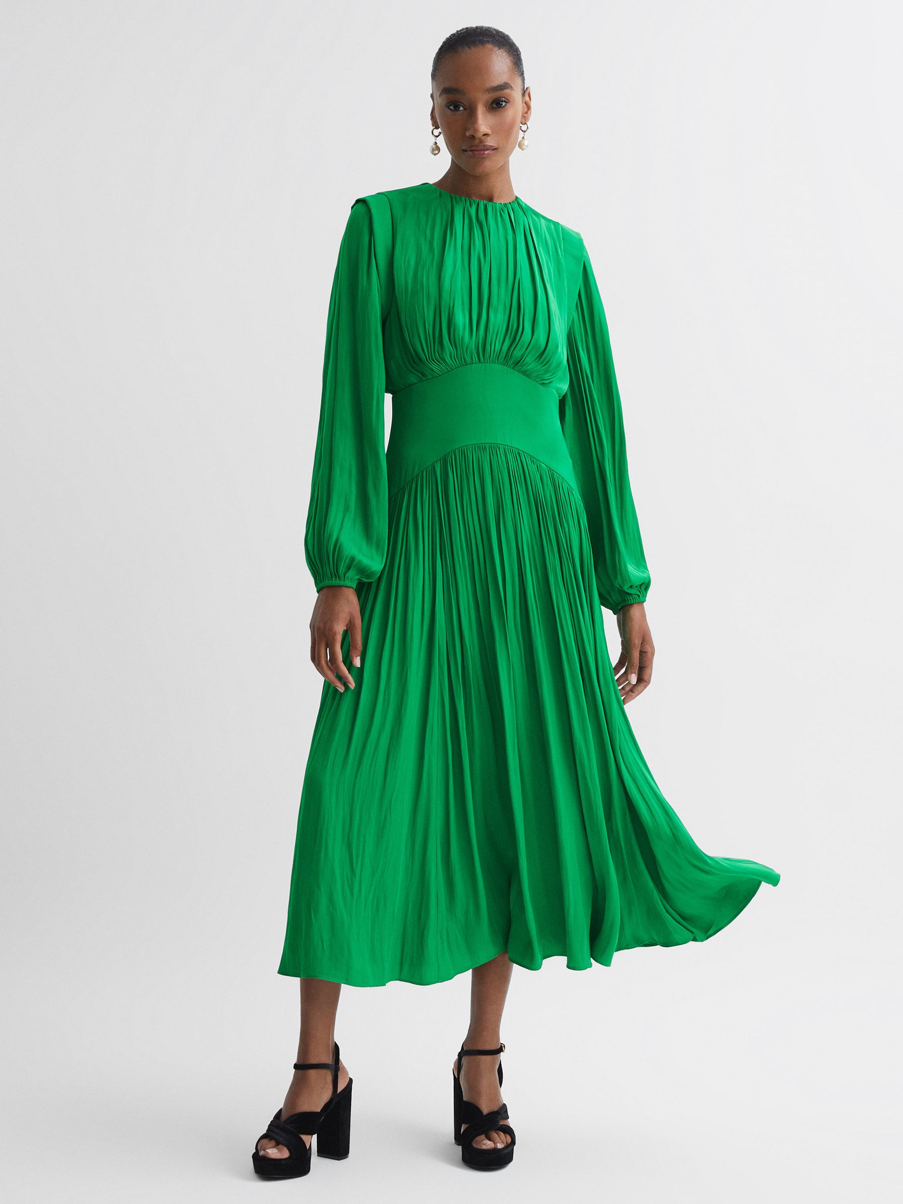 Florere Pleated Midi Dress in Bright Green - Image 1 of 6 Florere Pleated Midi Dress in Bright Green - Image 1 of 6