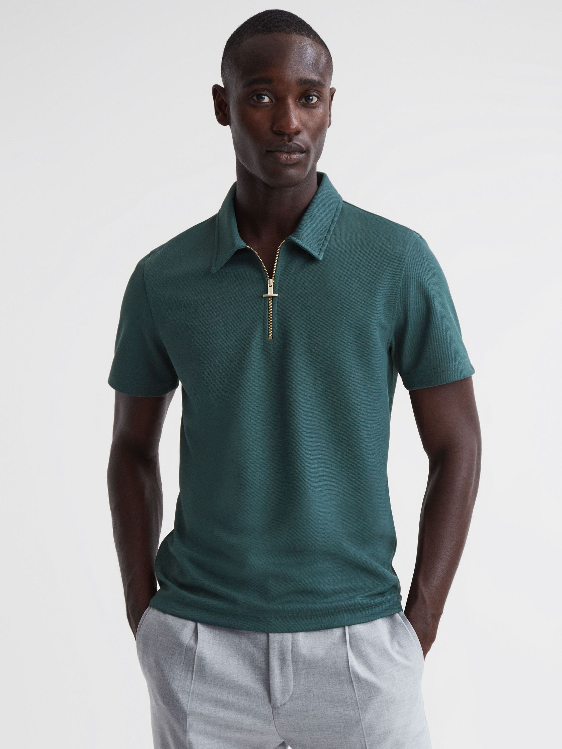 Slim Fit Half-Zip Polo Shirt in Emerald - Image 1 of 4 Slim Fit Half-Zip Polo Shirt in Emerald - Image 1 of 4