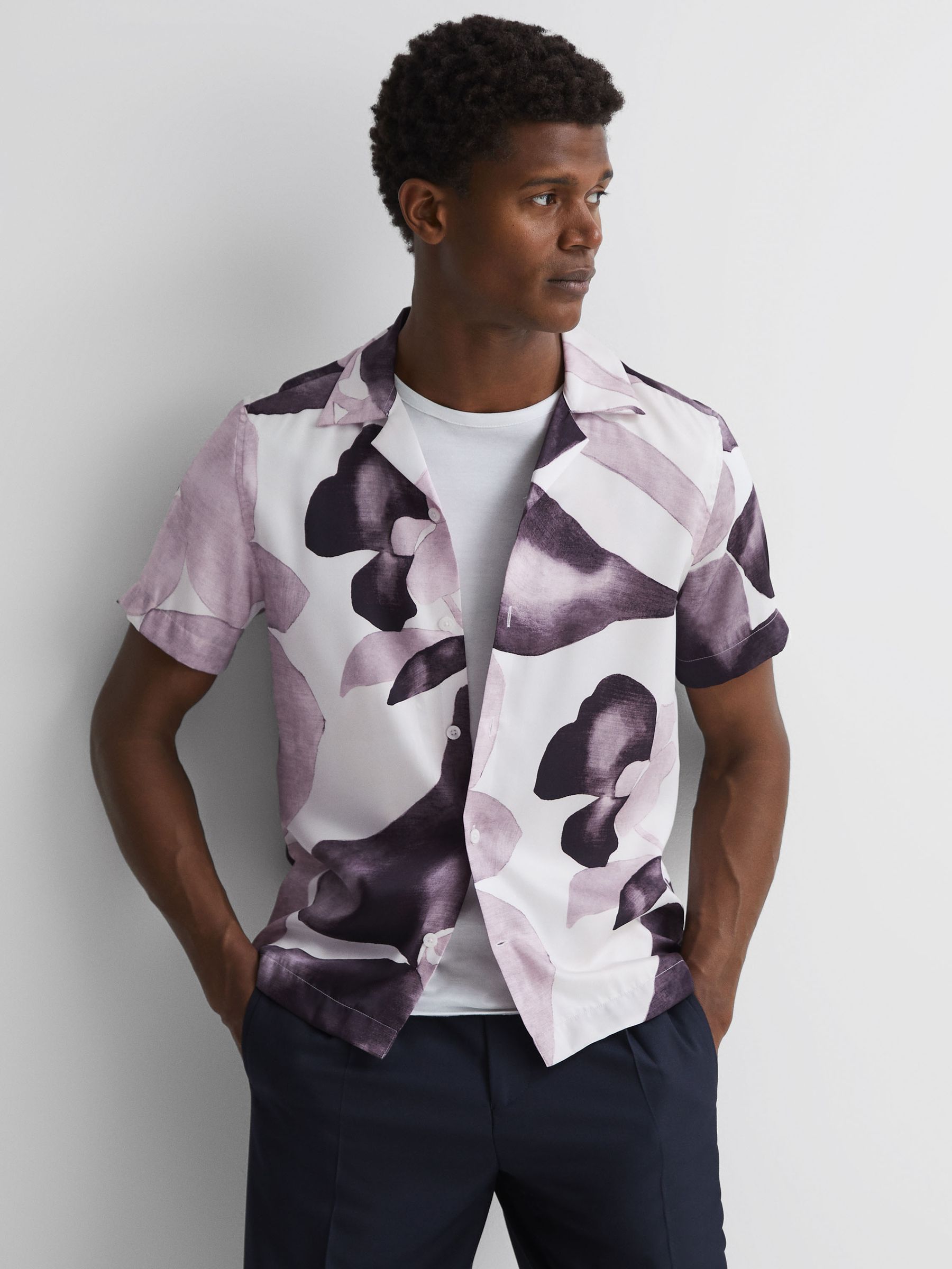 Cuban Collar Button Through Shirt in Grey Multi - Image 1 of 4 Cuban Collar Button Through Shirt in Grey Multi - Image 1 of 4