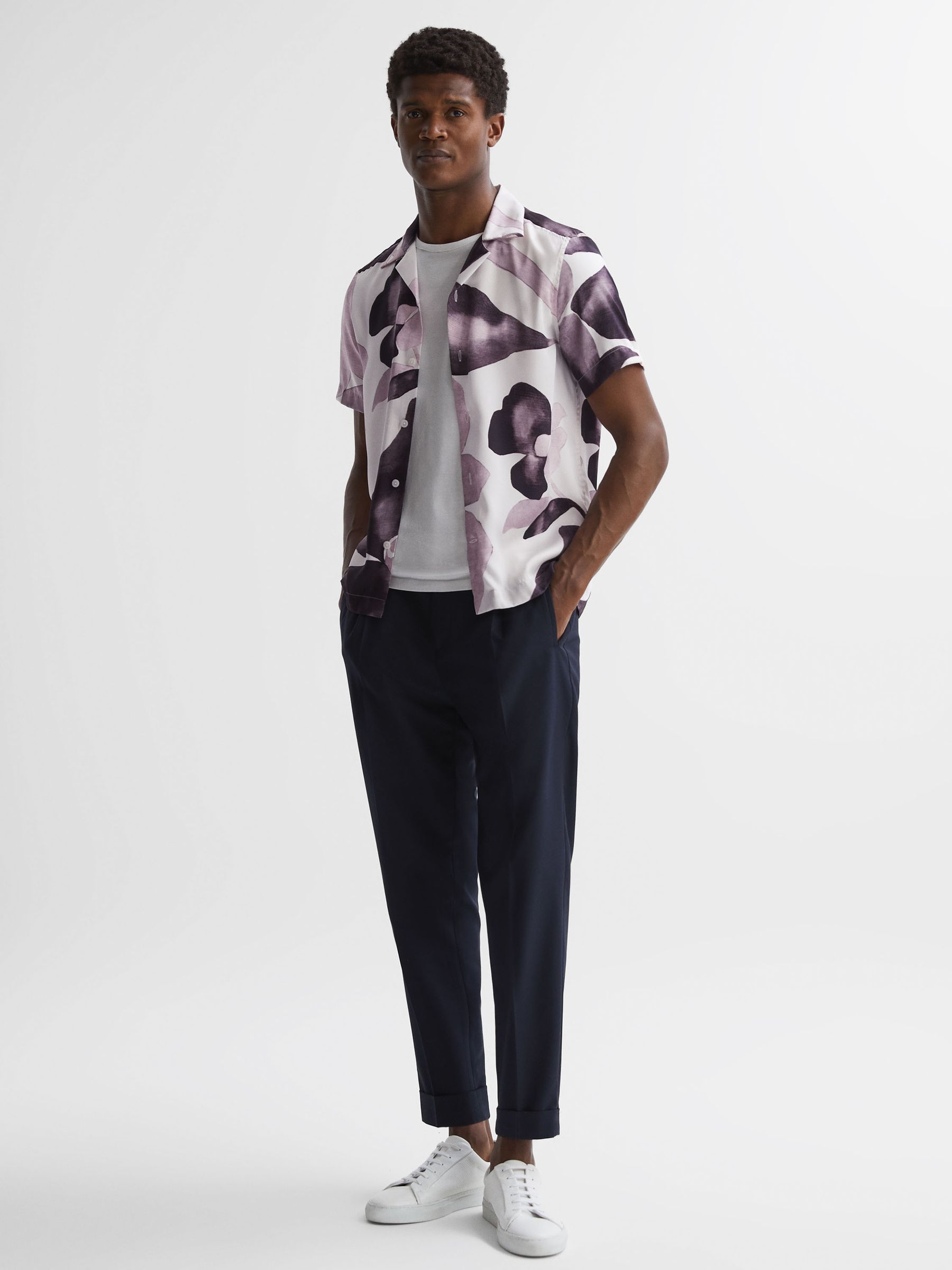 Cuban Collar Button Through Shirt in Grey Multi - Image 3 of 4