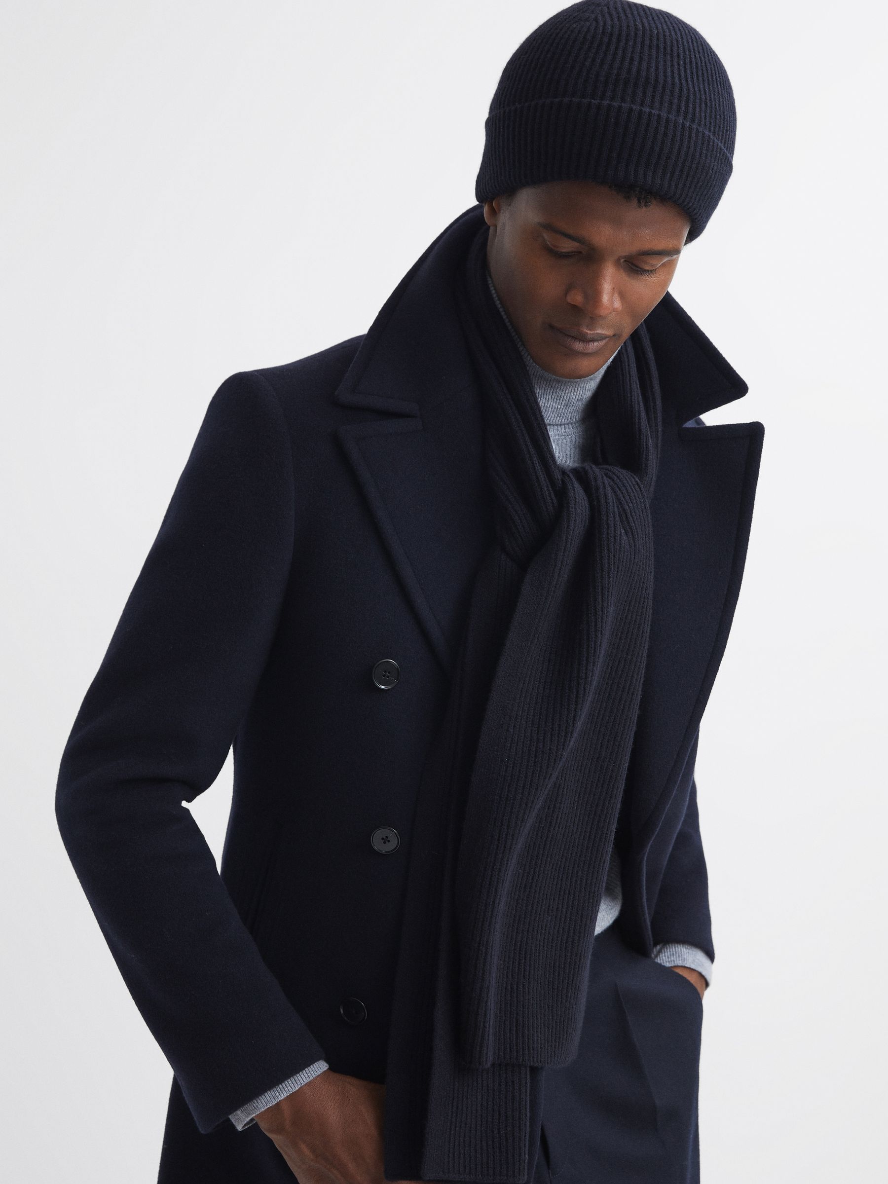 Ribbed Merino Scarf in Navy - Image 4 of 5