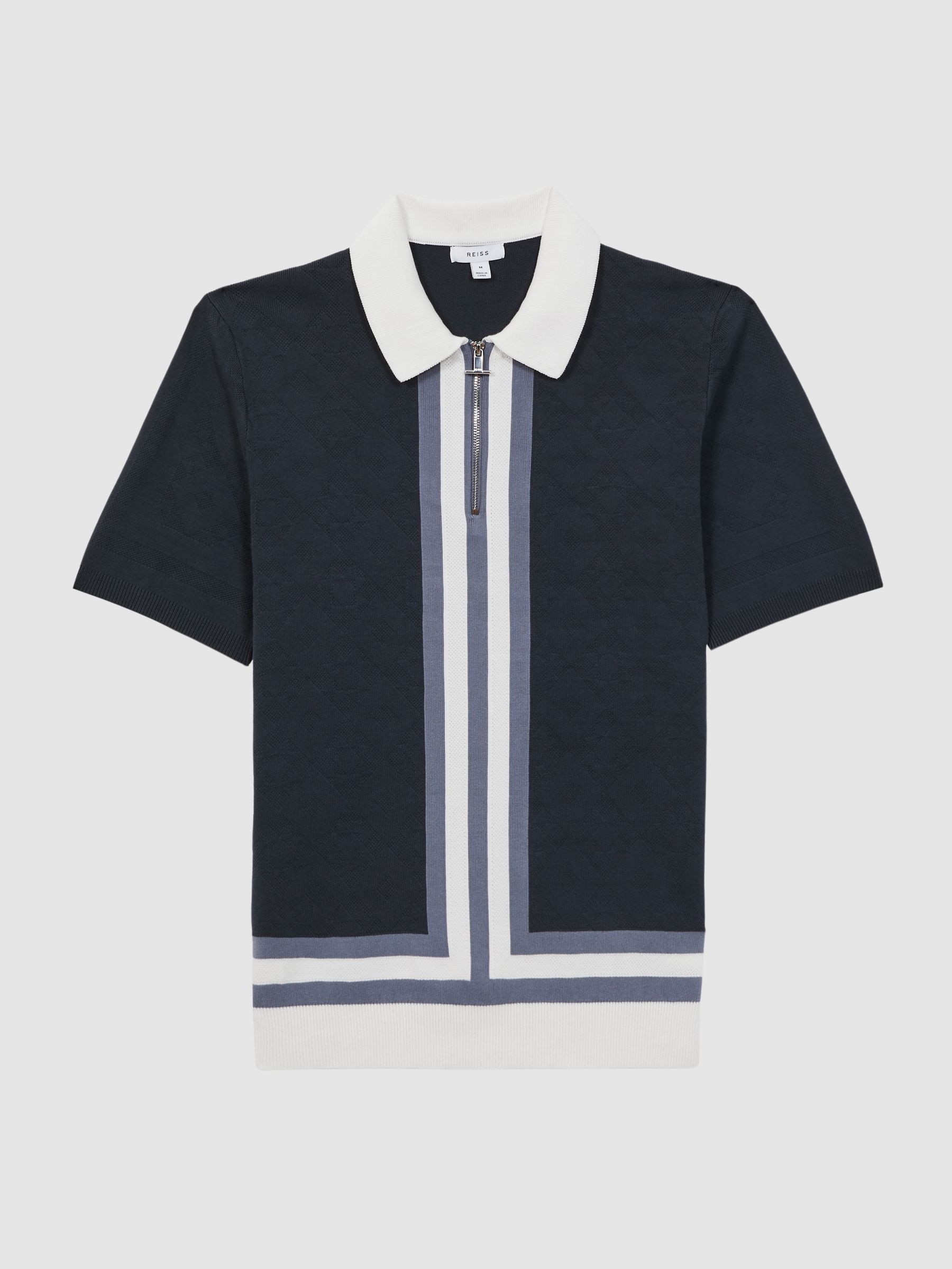 Slim Fit Cotton Knitted Half-Zip Polo T-Shirt in Eclipse Blue - Image 2 of 4