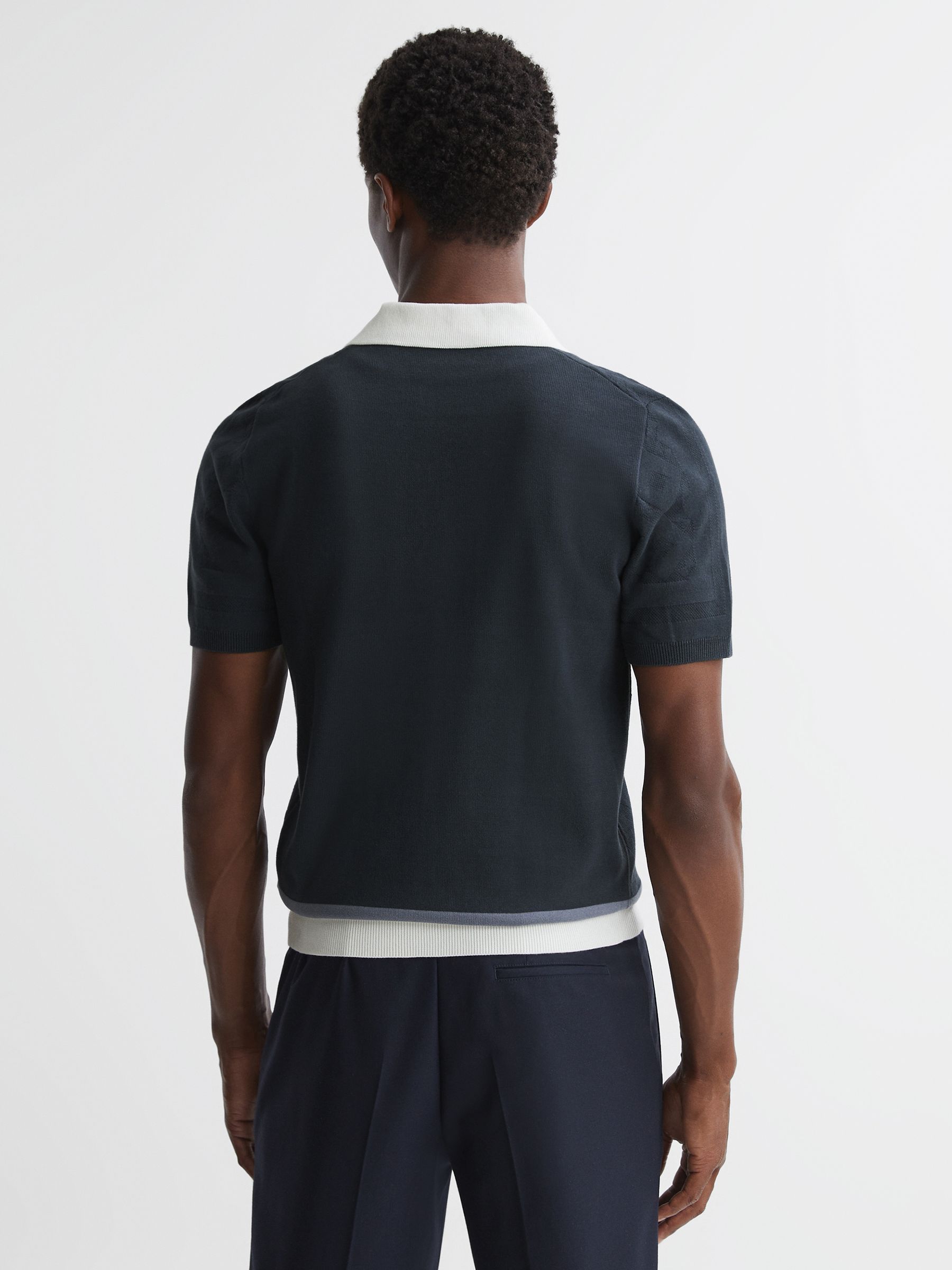 Slim Fit Cotton Knitted Half-Zip Polo T-Shirt in Eclipse Blue - Image 4 of 4
