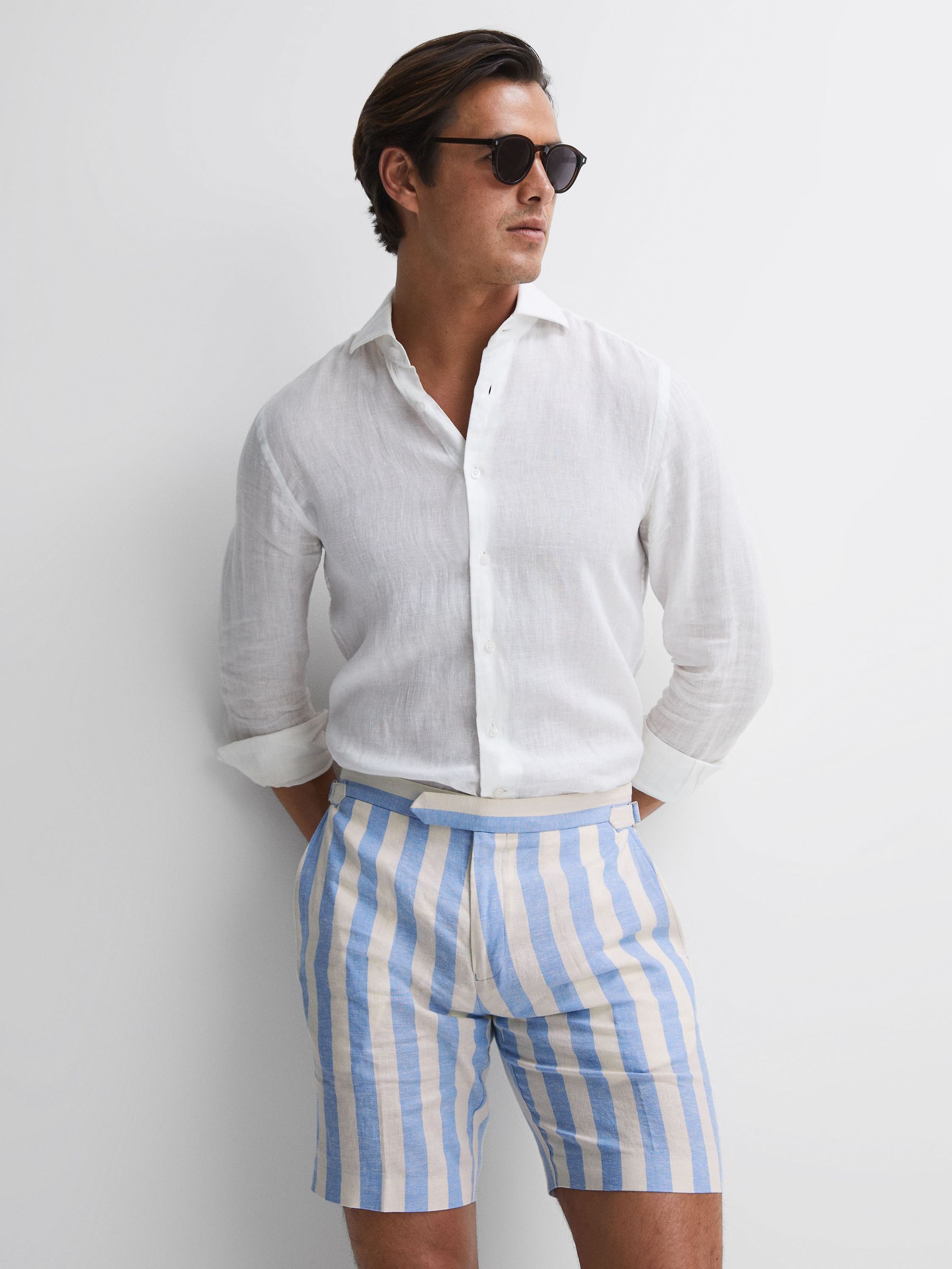 Linen Adjustable Striped Shorts in Blue Multi - Image 1 of 5
