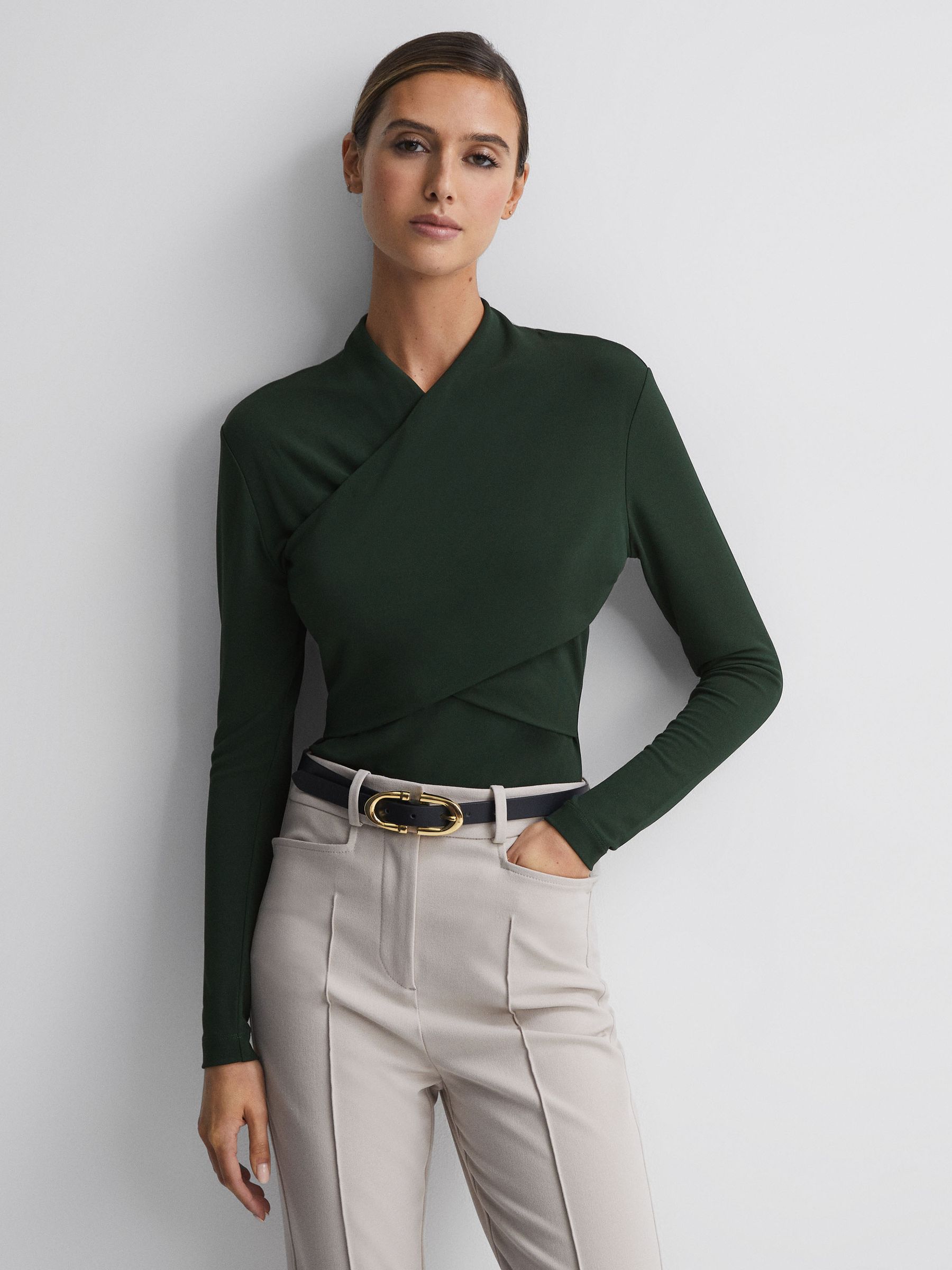 Fitted Long Sleeve Wrap Top in Green - Image 1 of 6